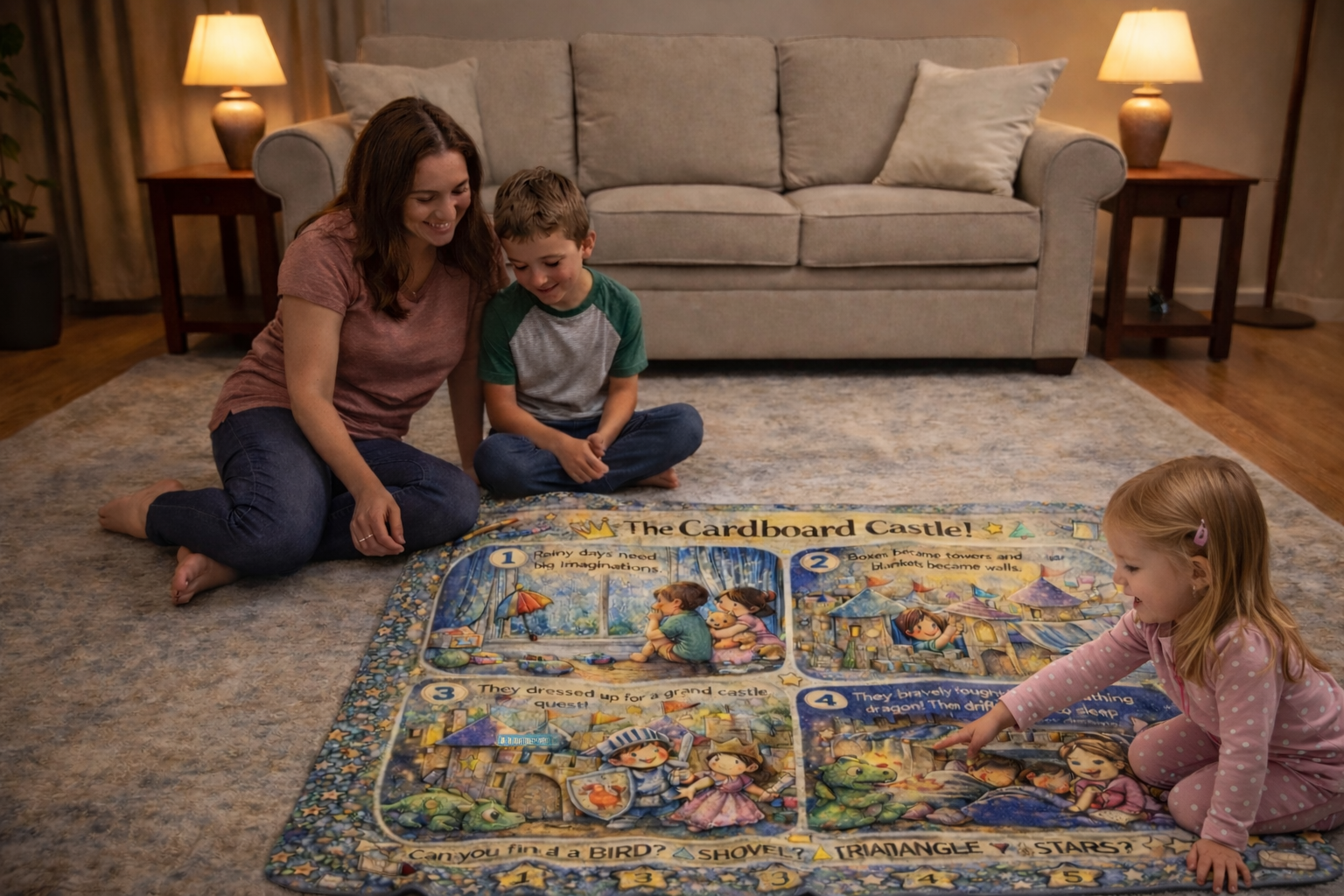 Woman and two children playing with a puzzle on a rug in a living room.