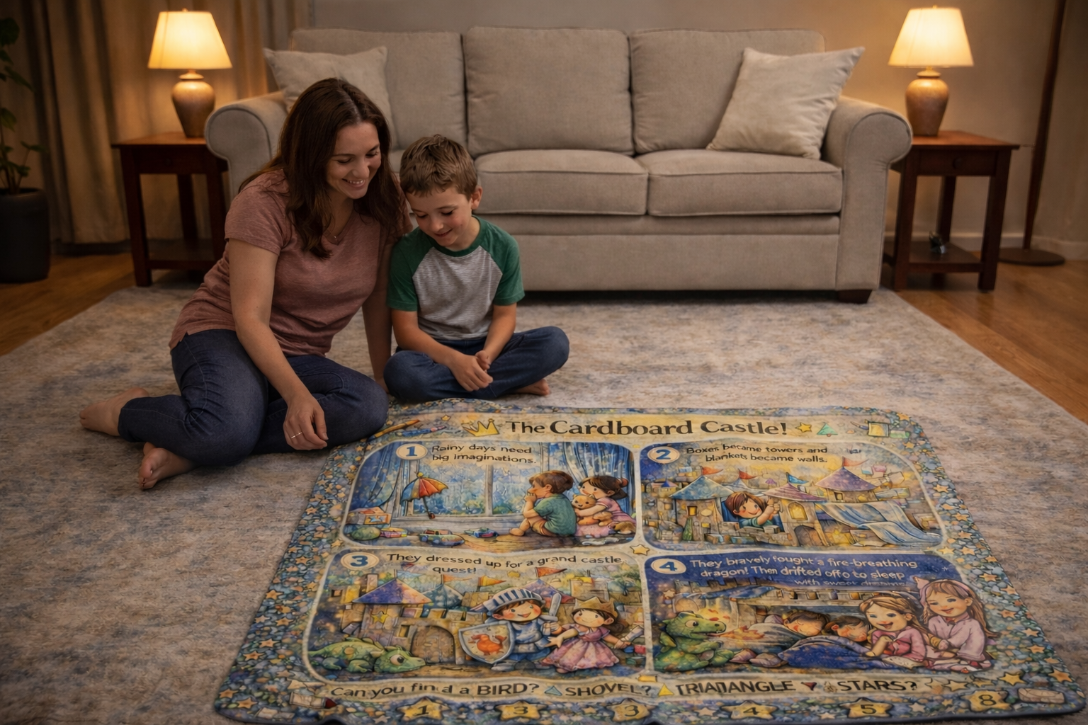 Woman and child playing with a 'The Cardboard Castle' board game on a rug in a living room.