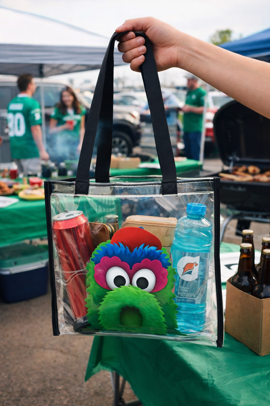 Clear bag with colorful character design held by a hand at an outdoor market.