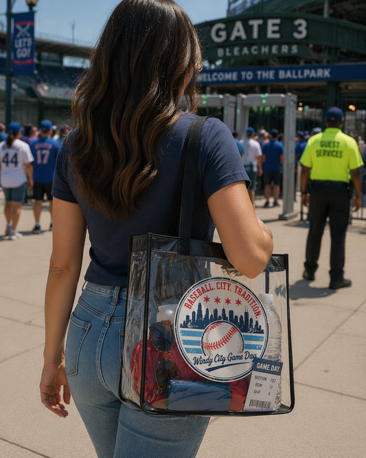 Woman holding a clear bag with a baseball-themed design at a ballpark entrance.