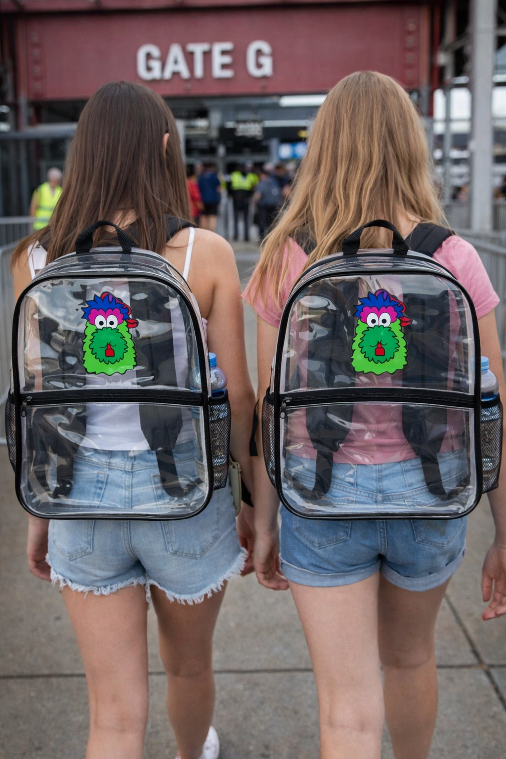 Two people wearing clear backpacks with a colorful character design, standing in front of Gate G.