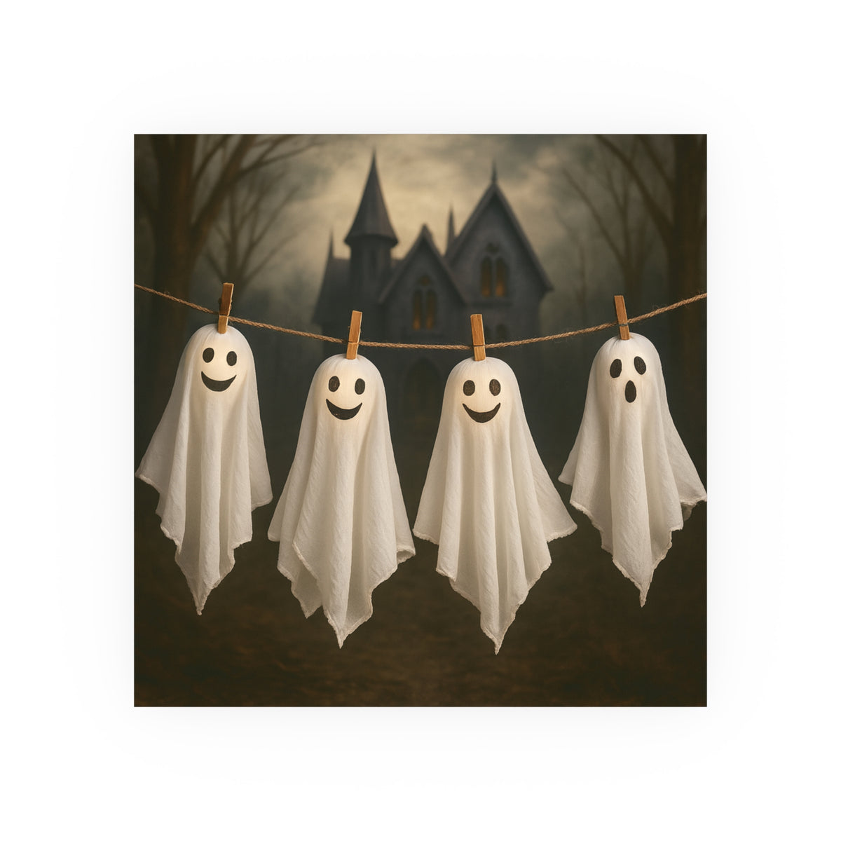 A square art print or poster featuring four white ghost decorations with smiley faces hanging on a clothesline in front of a spooky haunted house at night.