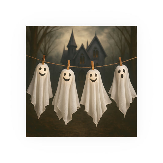 A square art print or poster featuring four white ghost decorations with smiley faces hanging on a clothesline in front of a spooky haunted house at night.