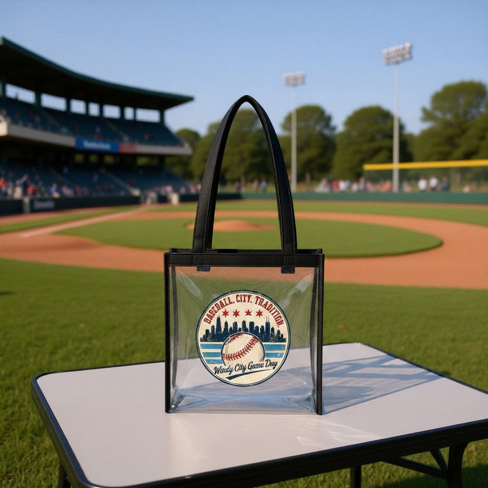 Clear tote bag with a baseball design on a table at a baseball field
