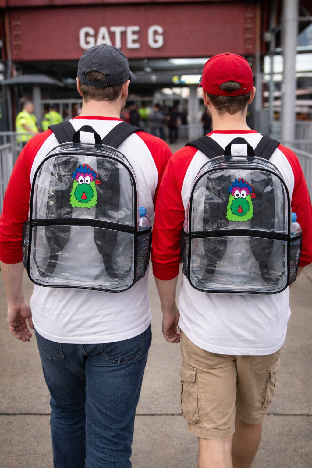 Two people wearing clear backpacks with a character design, walking towards Gate G.