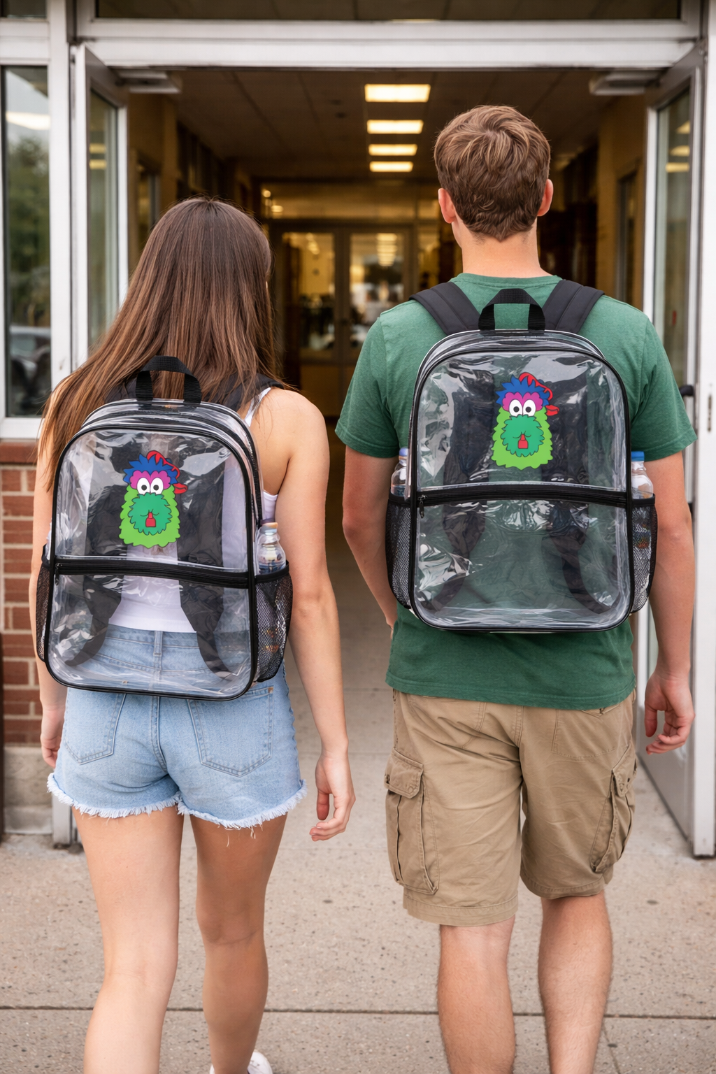 Two people wearing clear backpacks with colorful designs, walking out of a building.