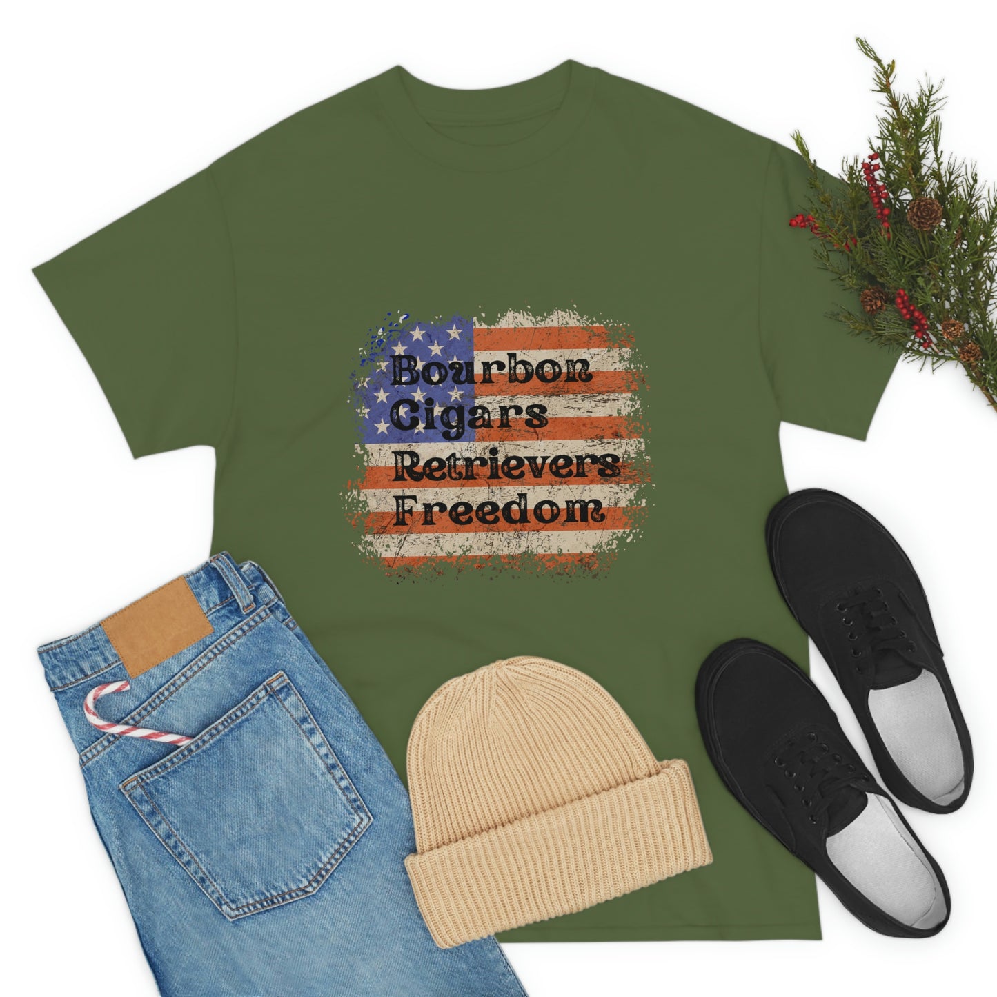 Patriotic Rustic USA Flag Bourbon Cigars Retrievers T-Shirt