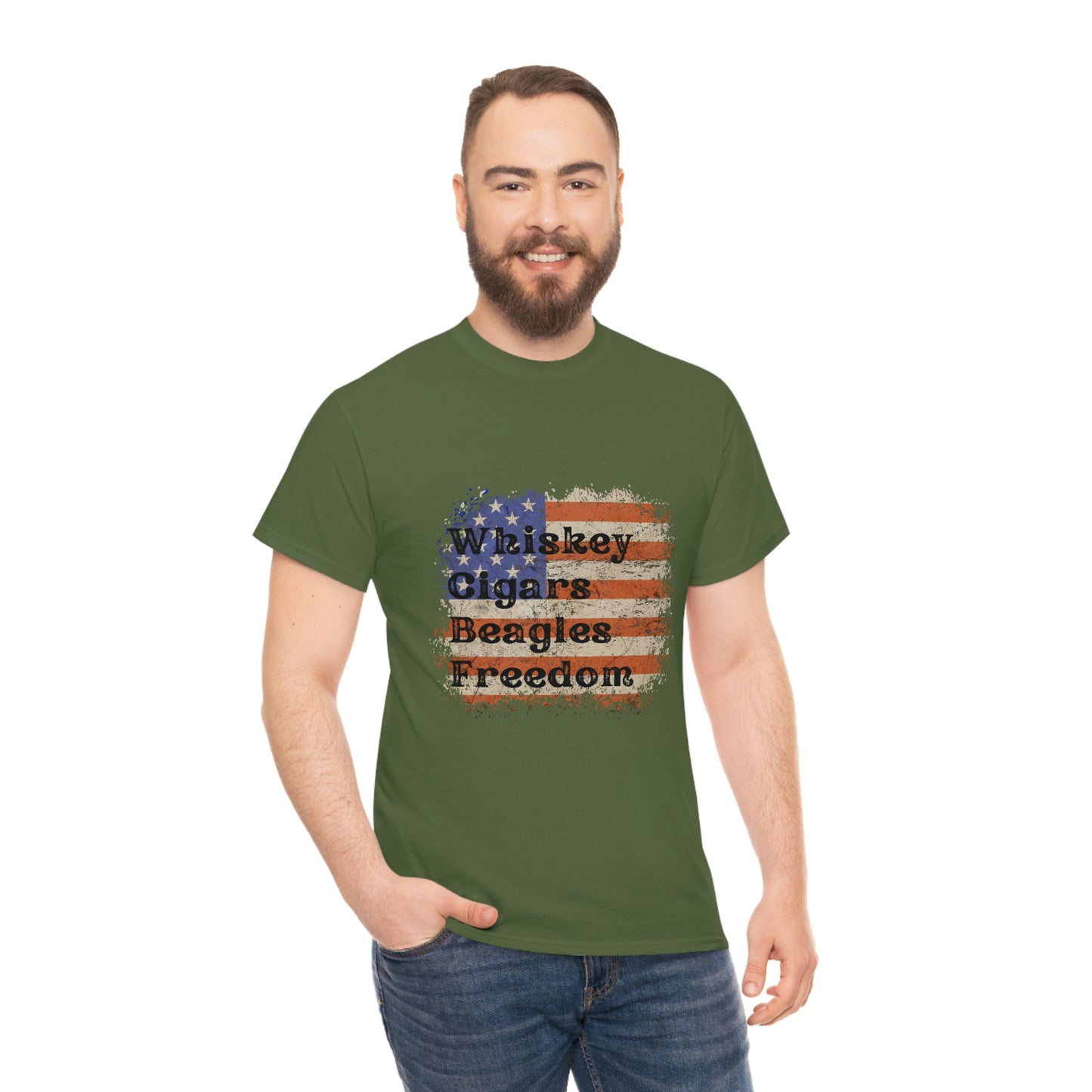 Patriotic Rustic USA Flag Whiskey Cigars Beagles T-Shirt