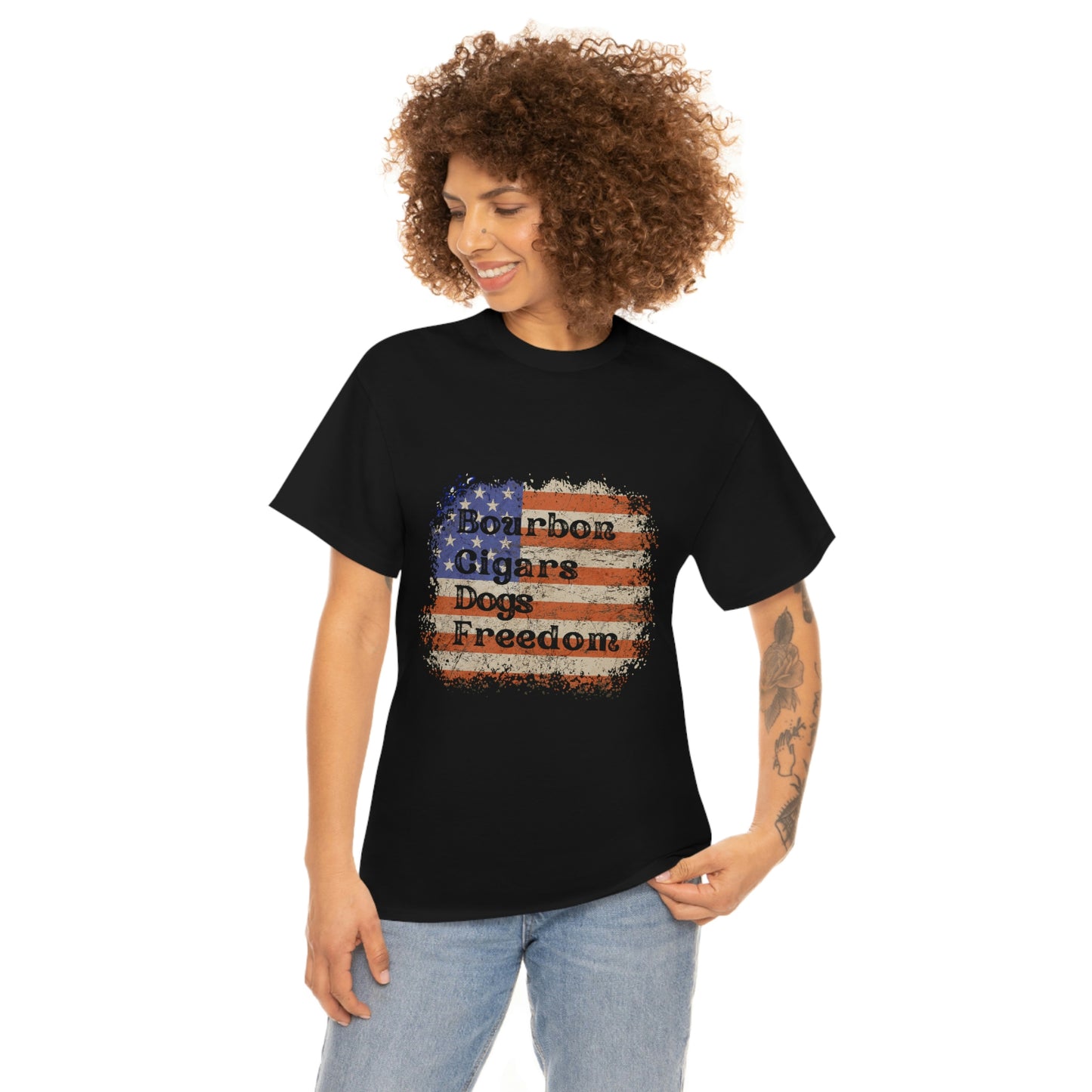 Patriotic Rustic USA Flag Bourbon Cigars Dogs T-Shirt