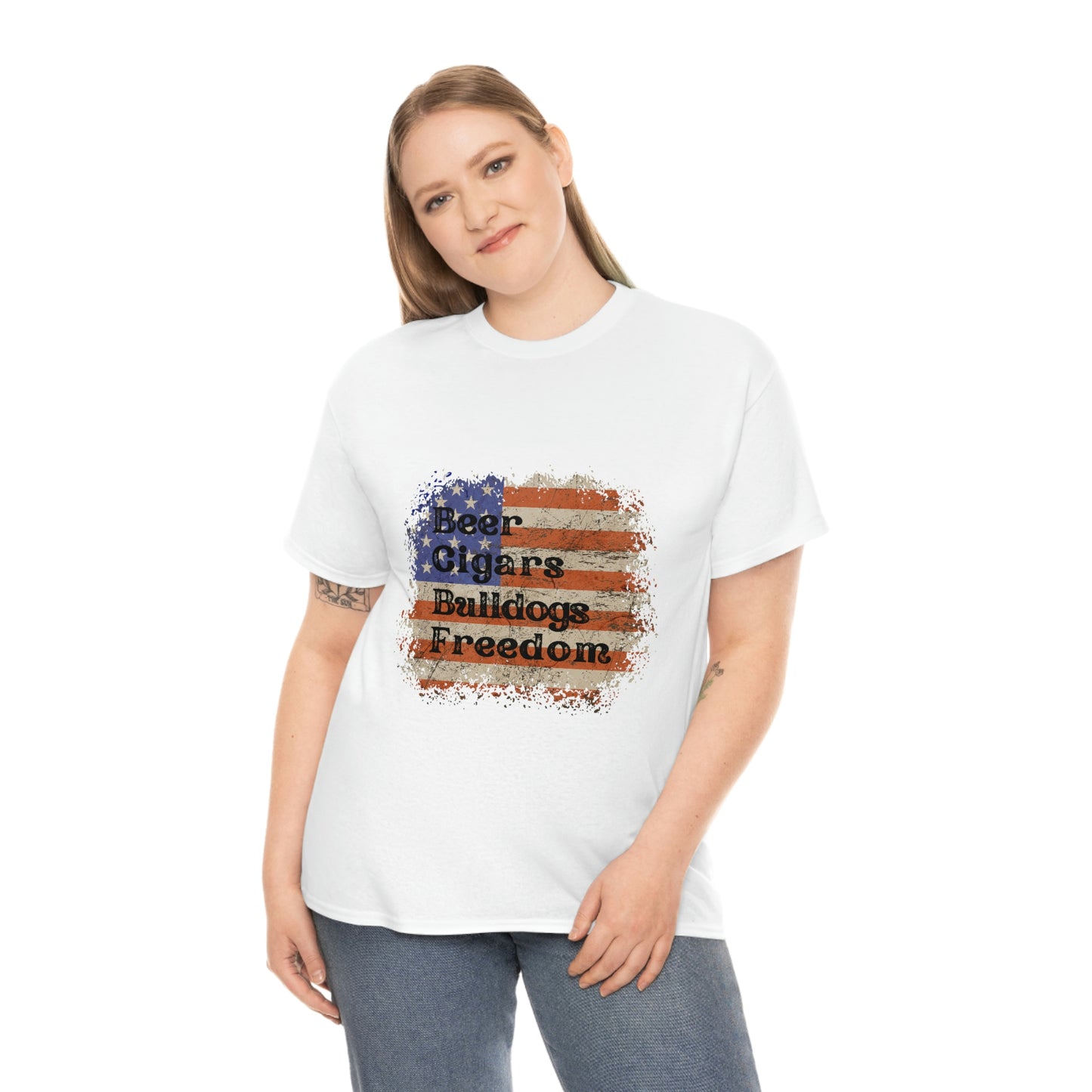 Patriotic Rustic USA Flag Beer Cigars Bulldogs T-Shirt