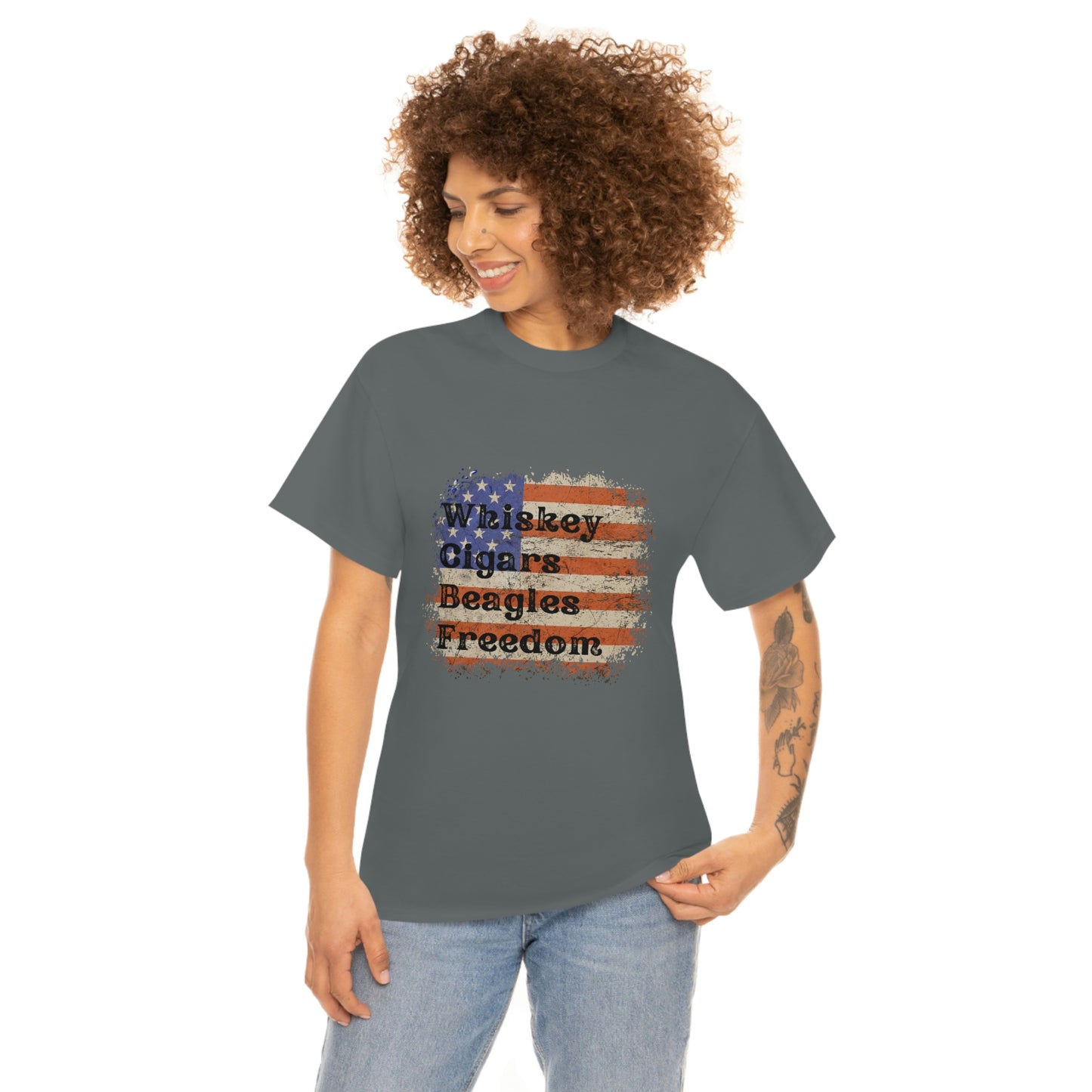 Patriotic Rustic USA Flag Whiskey Cigars Beagles T-Shirt