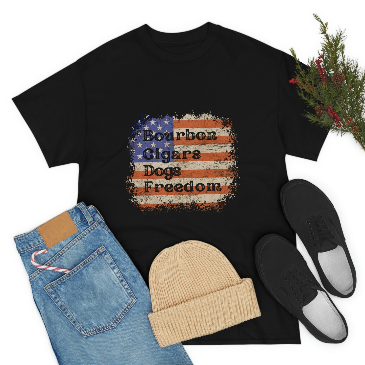 Patriotic Rustic USA Flag Bourbon Cigars Dogs T-Shirt