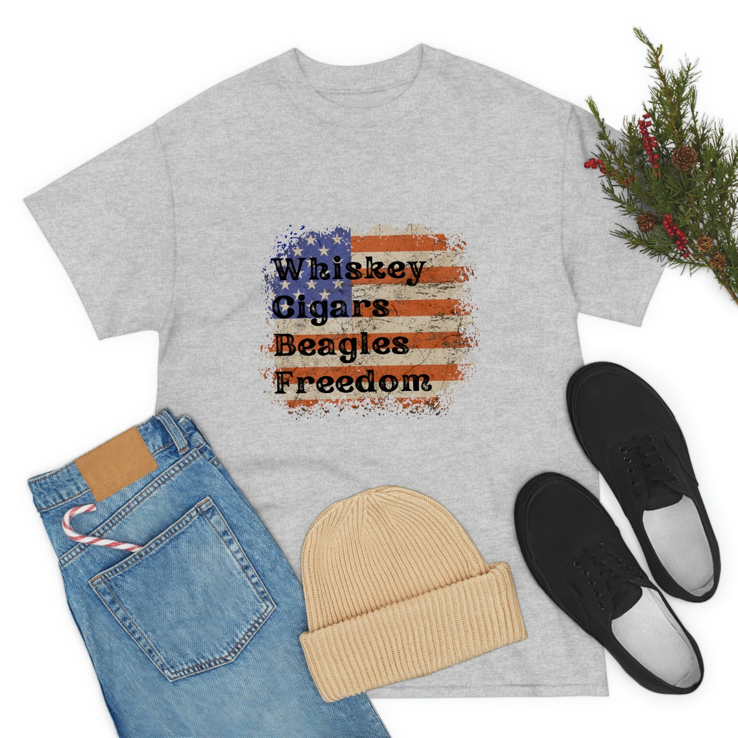 Patriotic Rustic USA Flag Whiskey Cigars Beagles T-Shirt