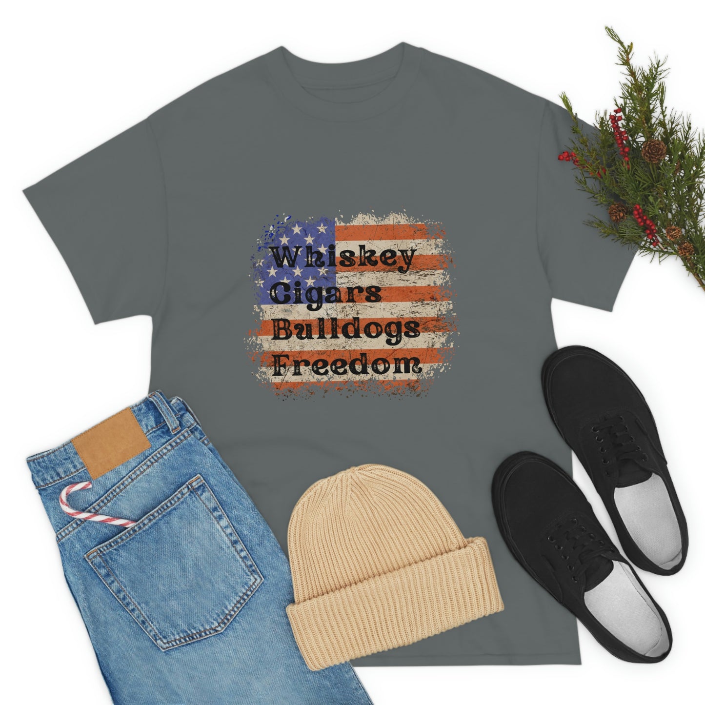 Patriotic Rustic USA Flag Whiskey Cigars Bulldogs T-Shirt