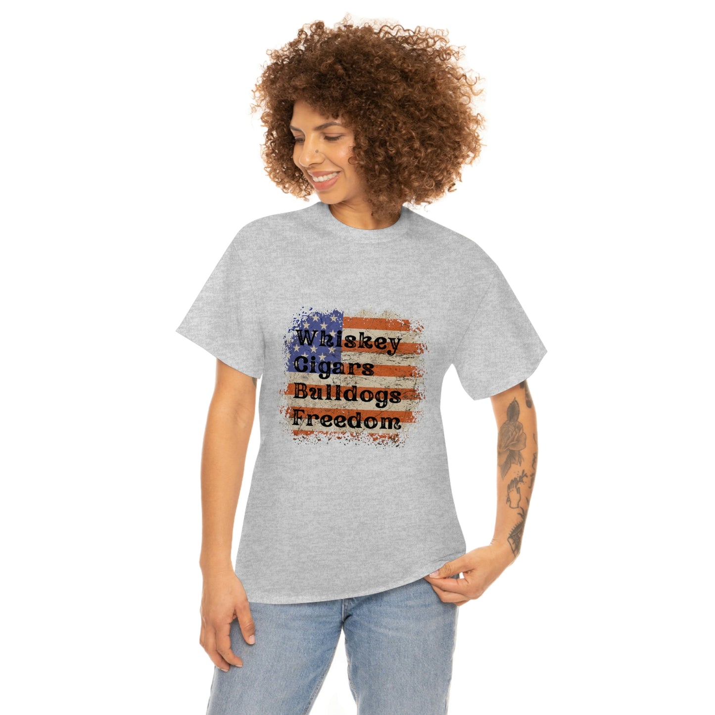 Patriotic Rustic USA Flag Whiskey Cigars Bulldogs T-Shirt