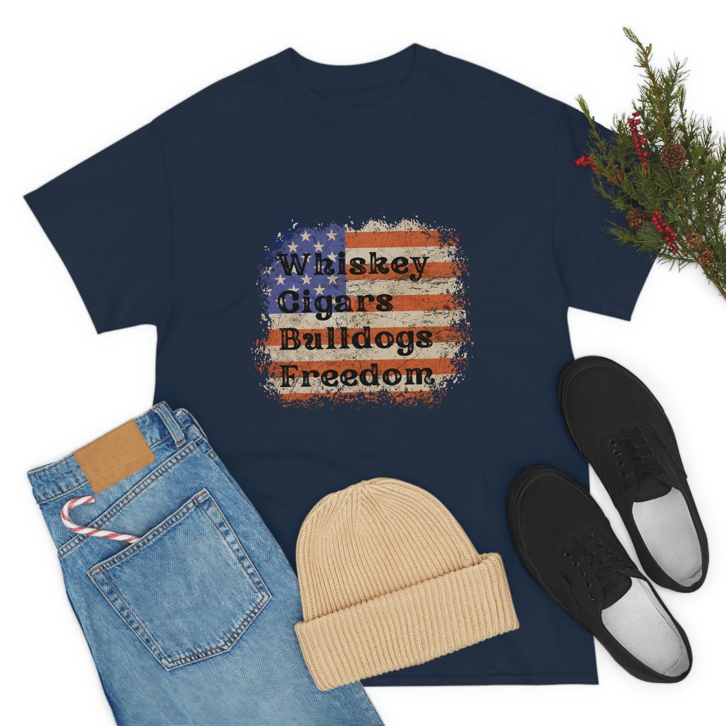 Patriotic Rustic USA Flag Whiskey Cigars Bulldogs T-Shirt