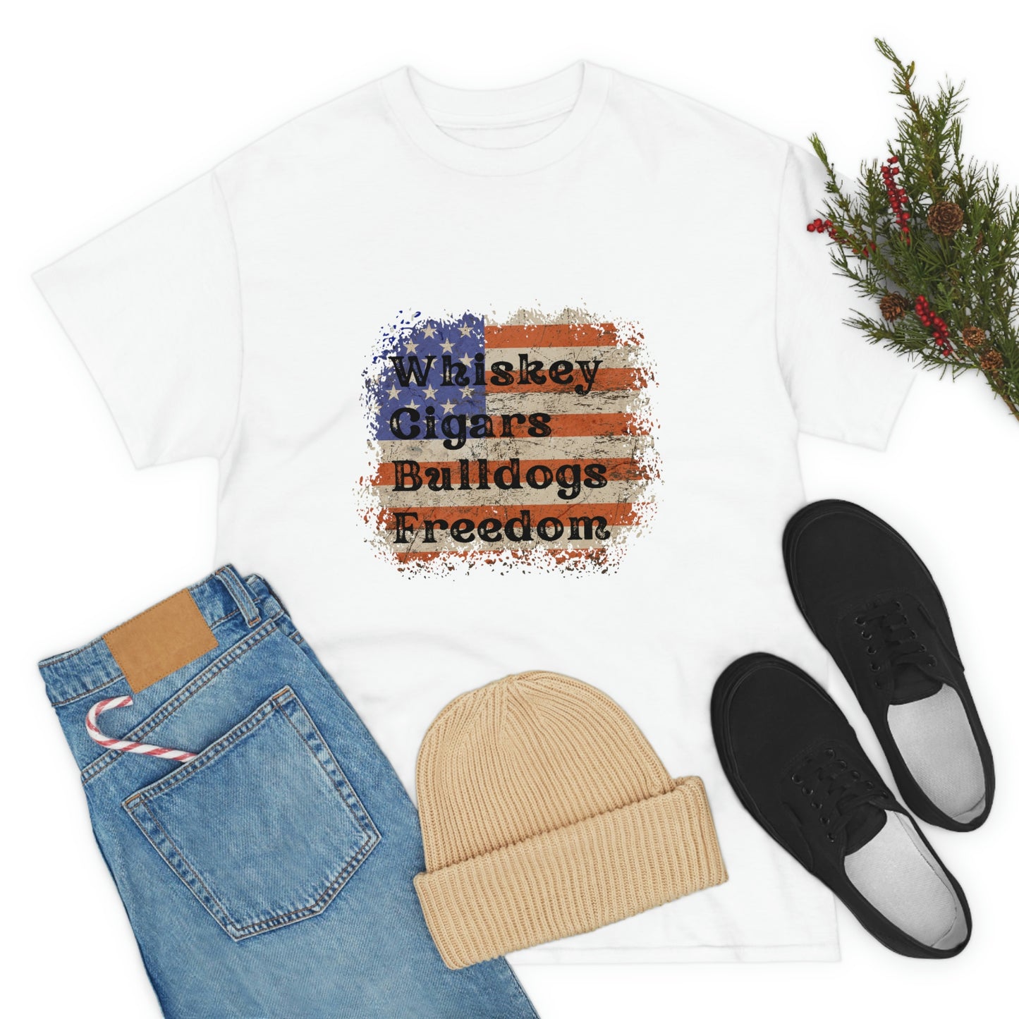 Patriotic Rustic USA Flag Whiskey Cigars Bulldogs T-Shirt