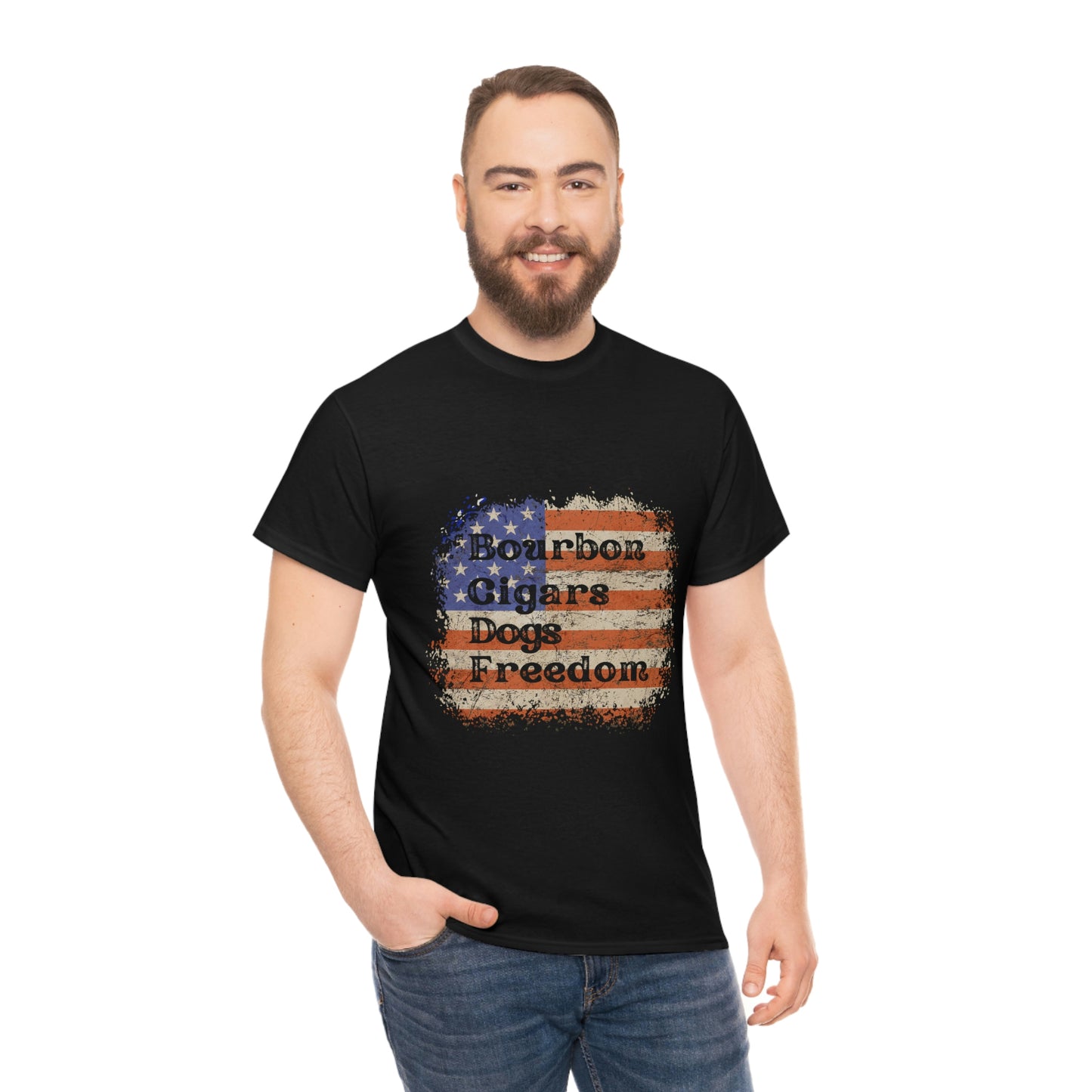 Patriotic Rustic USA Flag Bourbon Cigars Dogs T-Shirt