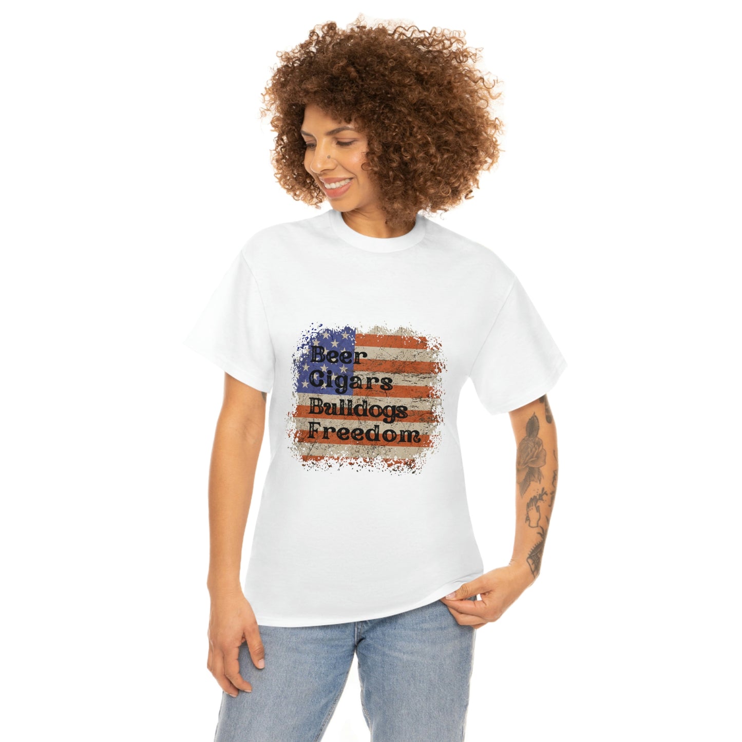 Patriotic Rustic USA Flag Beer Cigars Bulldogs T-Shirt