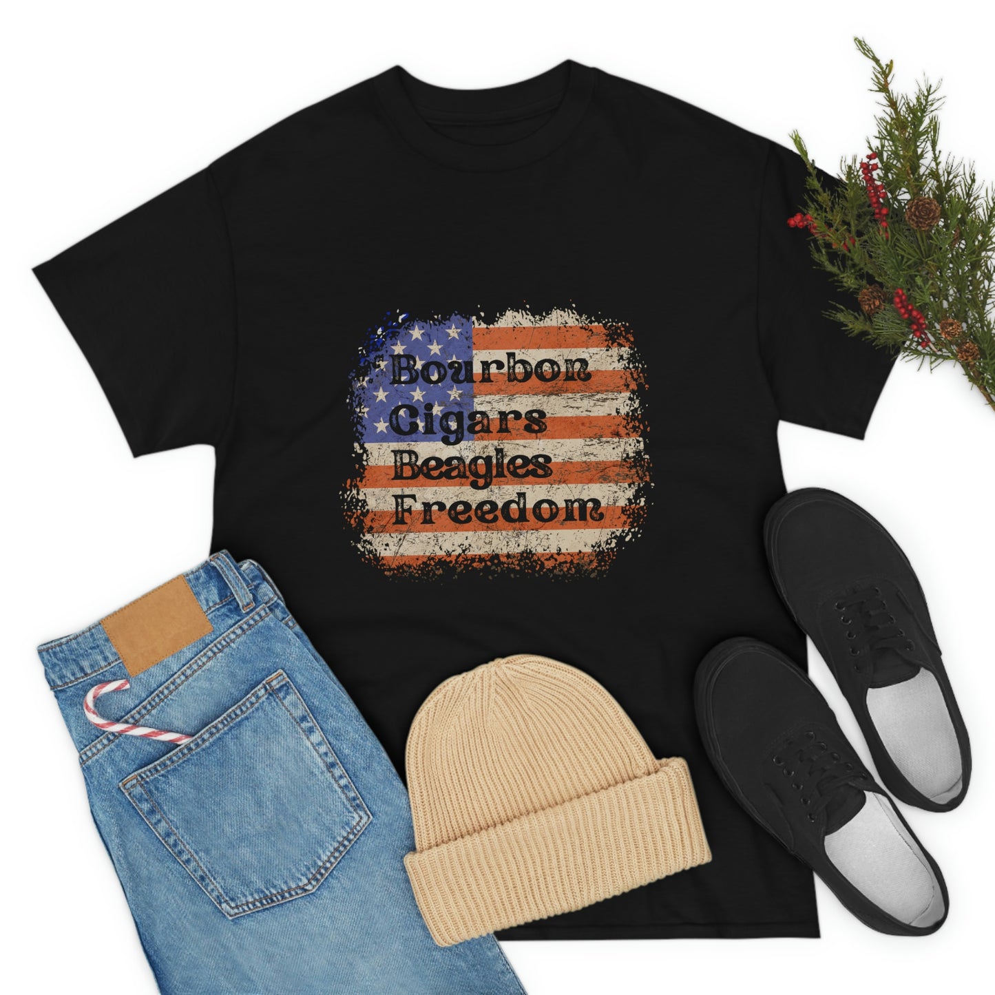 Patriotic Rustic USA Flag Bourbon Cigars Beagles T-Shirt