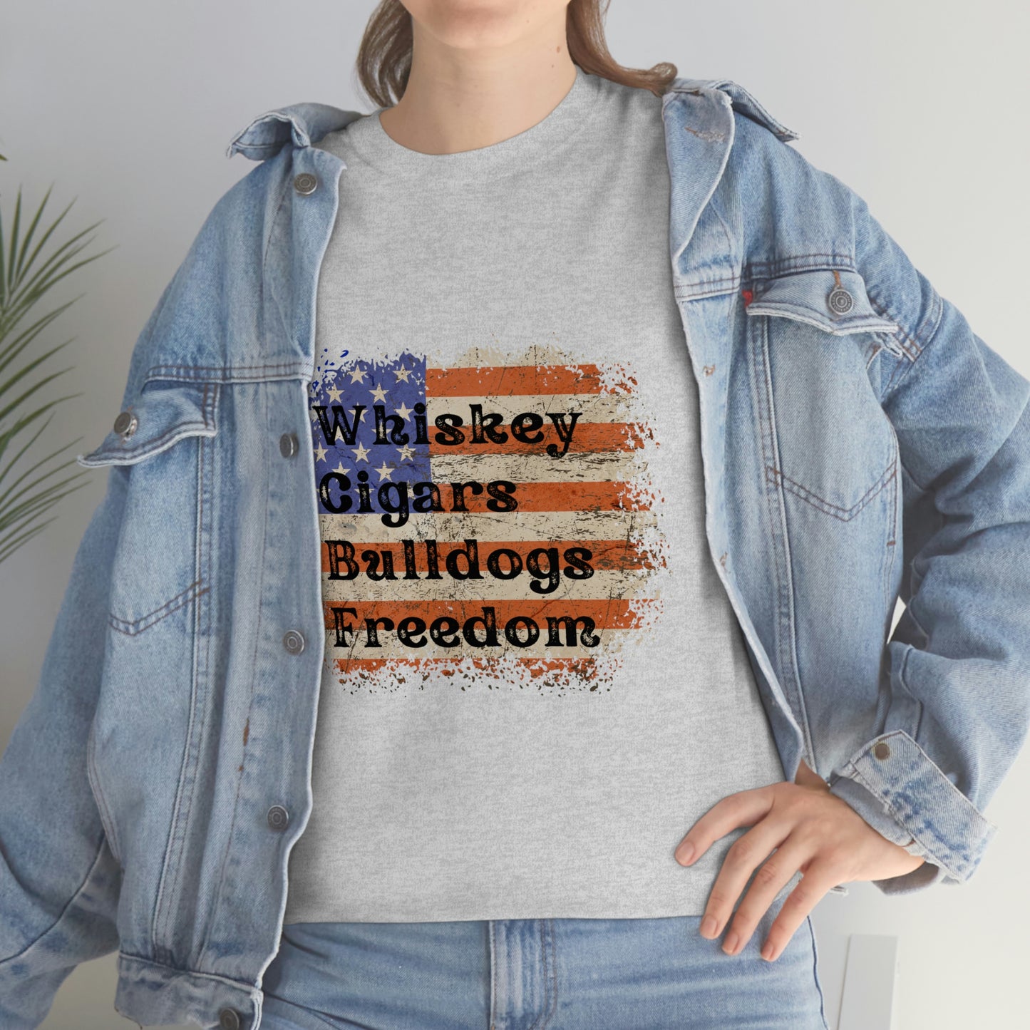 Patriotic Rustic USA Flag Whiskey Cigars Bulldogs T-Shirt