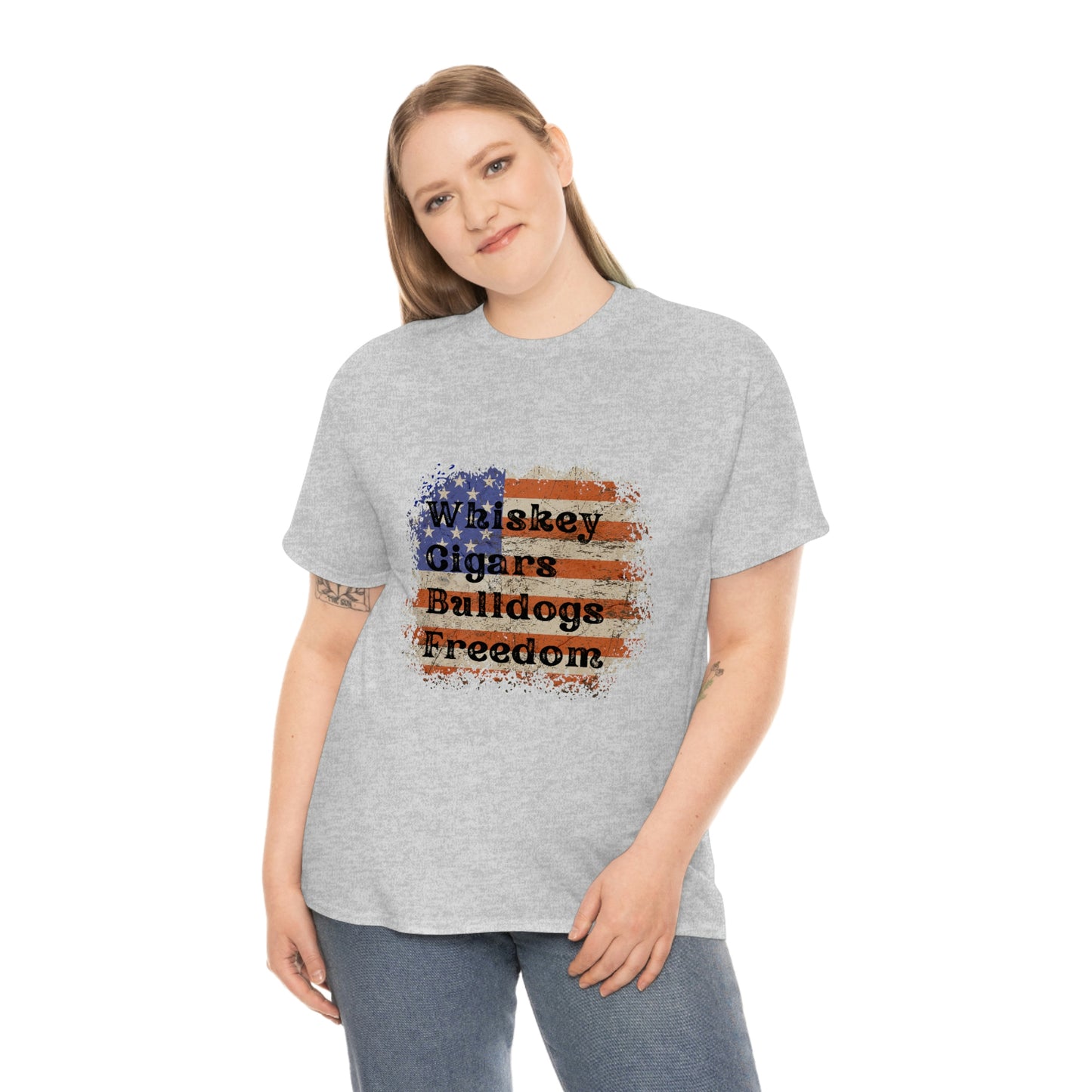 Patriotic Rustic USA Flag Whiskey Cigars Bulldogs T-Shirt