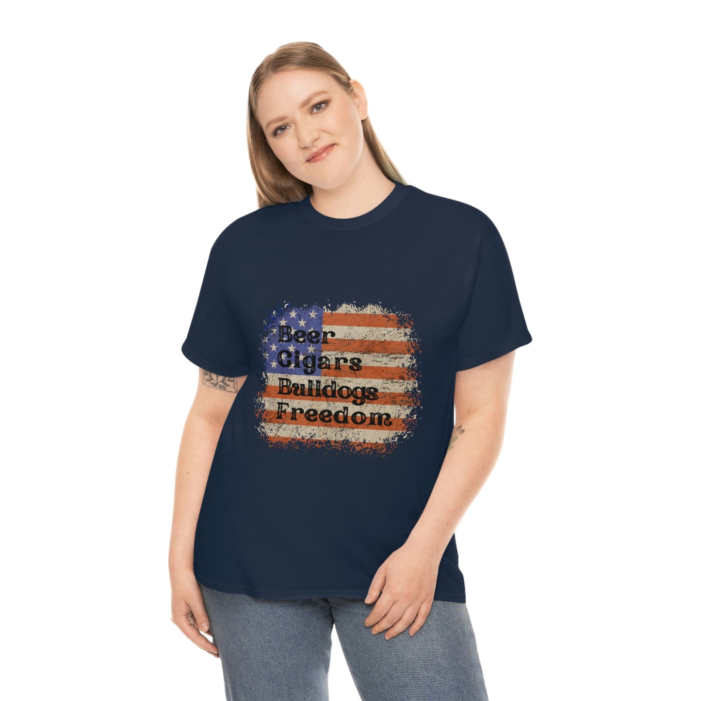 Patriotic Rustic USA Flag Beer Cigars Bulldogs T-Shirt