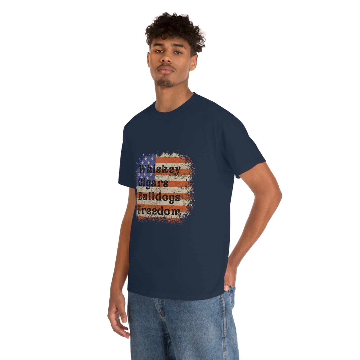 Patriotic Rustic USA Flag Whiskey Cigars Bulldogs T-Shirt