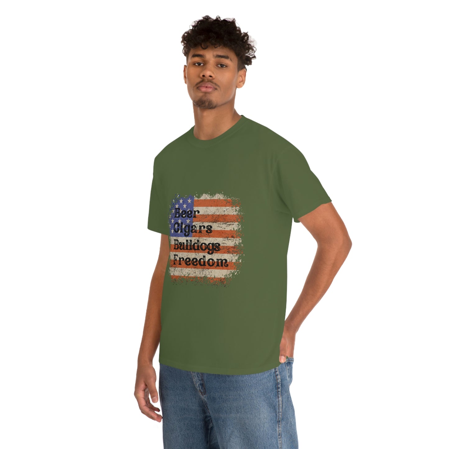 Patriotic Rustic USA Flag Beer Cigars Bulldogs T-Shirt