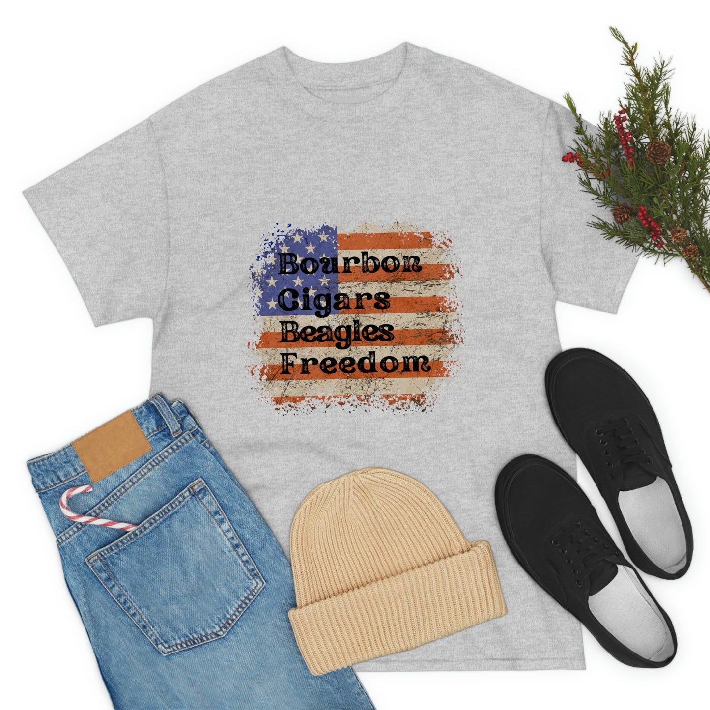 Patriotic Rustic USA Flag Bourbon Cigars Beagles T-Shirt