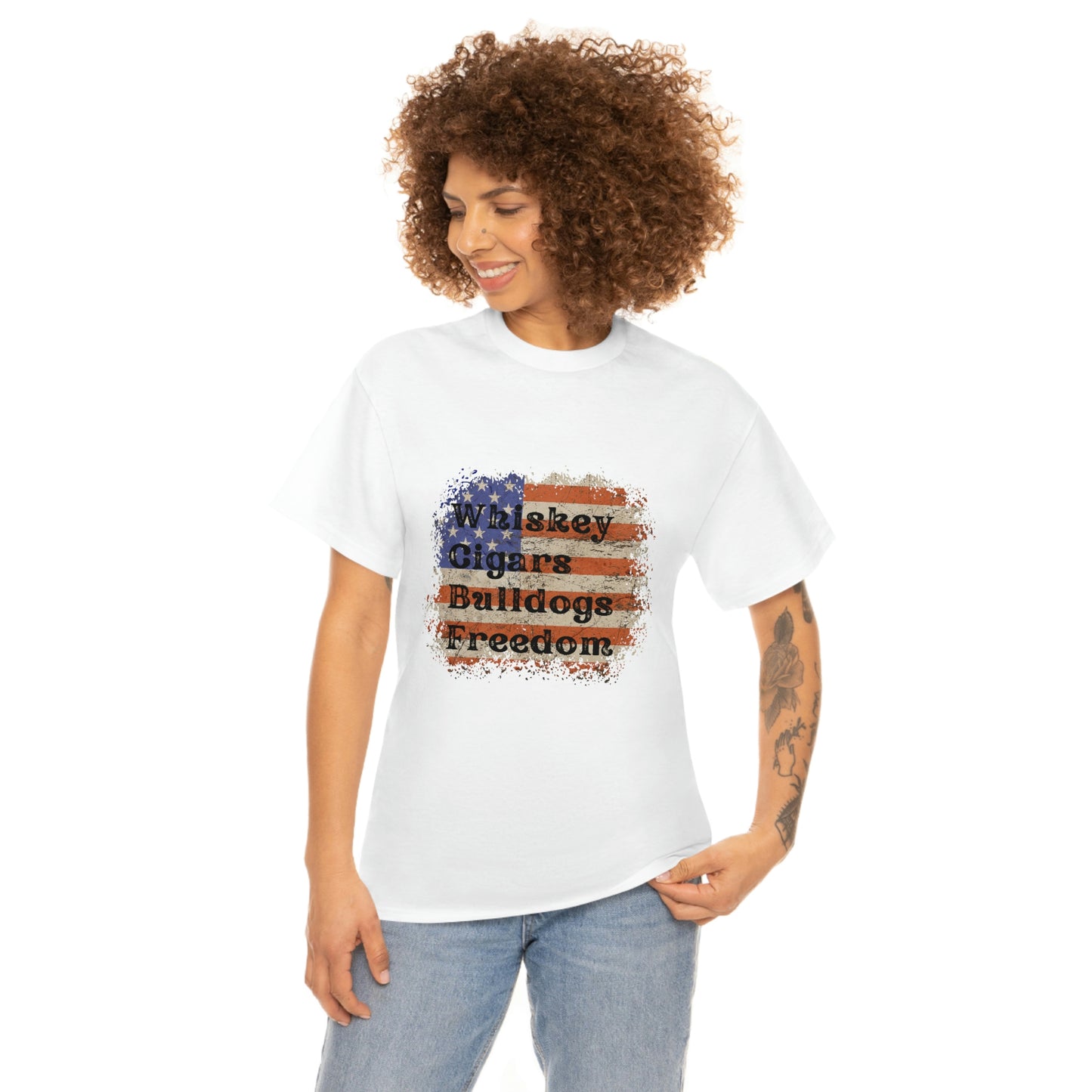 Patriotic Rustic USA Flag Whiskey Cigars Bulldogs T-Shirt