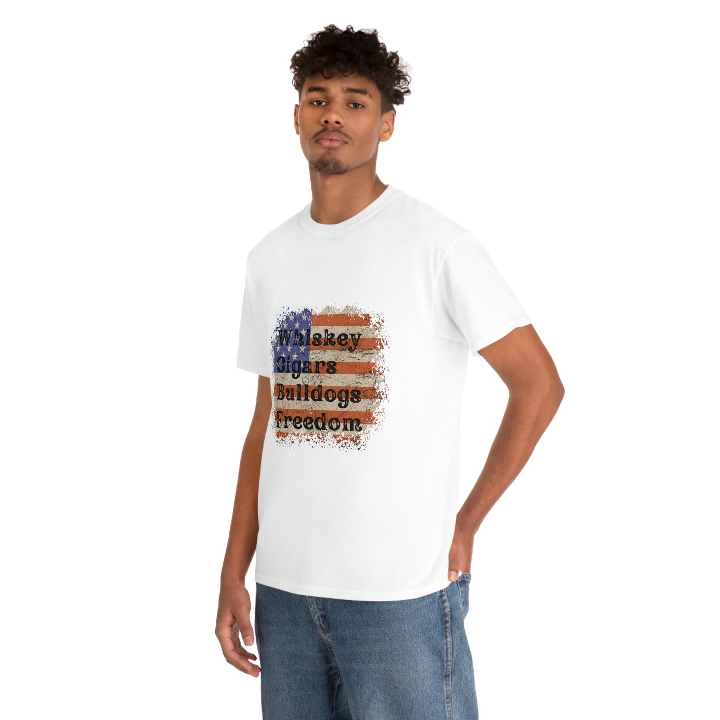 Patriotic Rustic USA Flag Whiskey Cigars Bulldogs T-Shirt