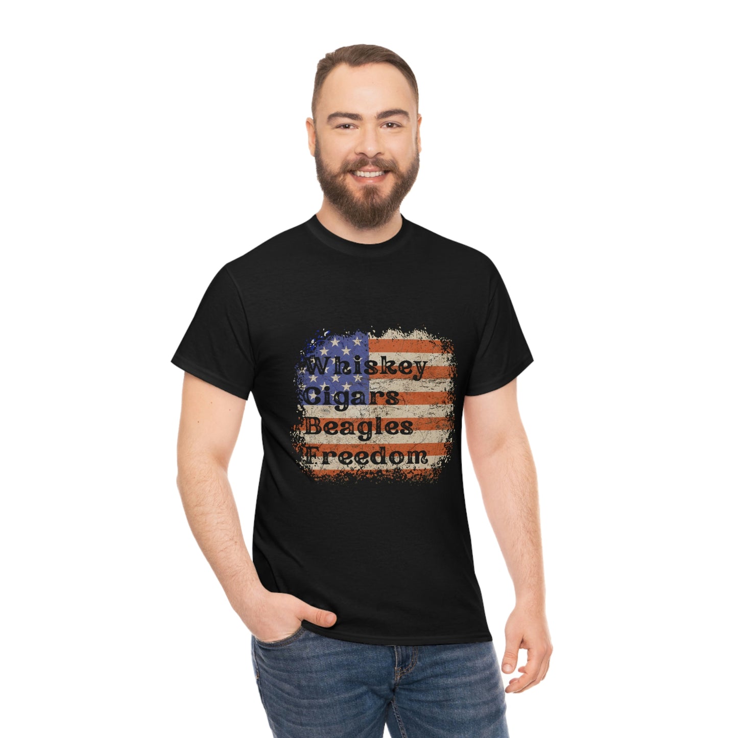 Patriotic Rustic USA Flag Whiskey Cigars Beagles T-Shirt