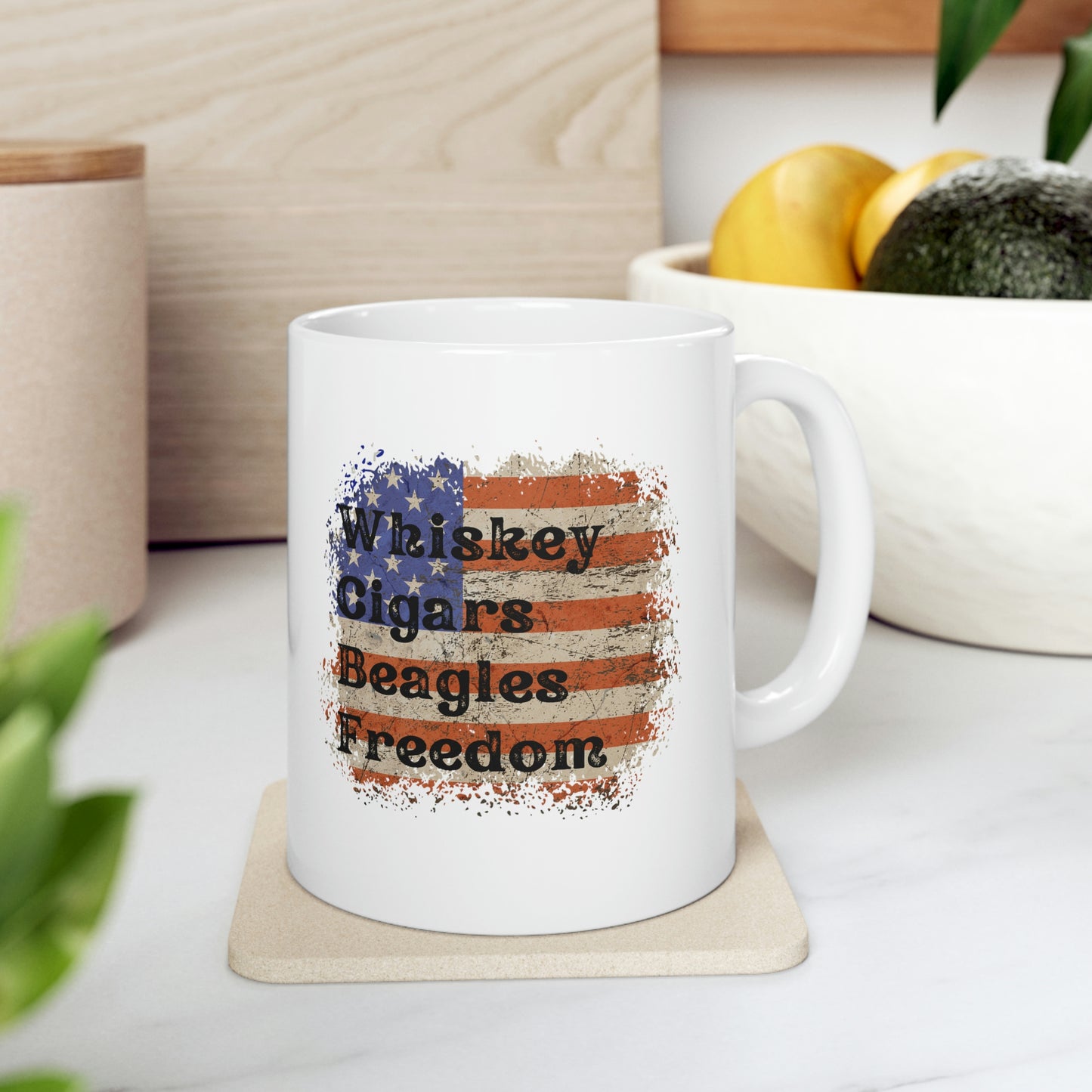 Patriotic Rustic USA Flag Whiskey Cigars Beagles Mug