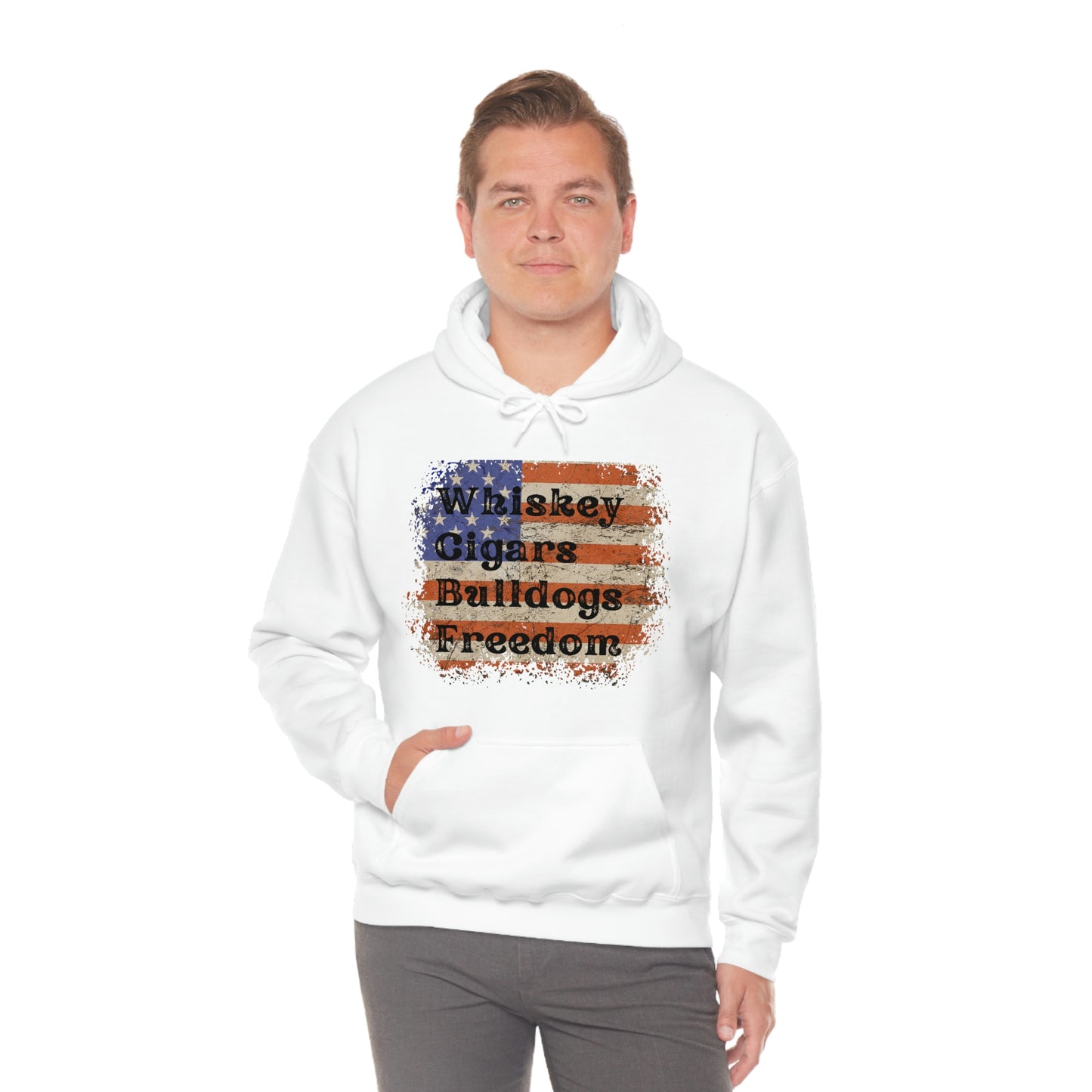 Patriotic Rustic USA Flag Whiskey Cigars Bulldogs Hoodie