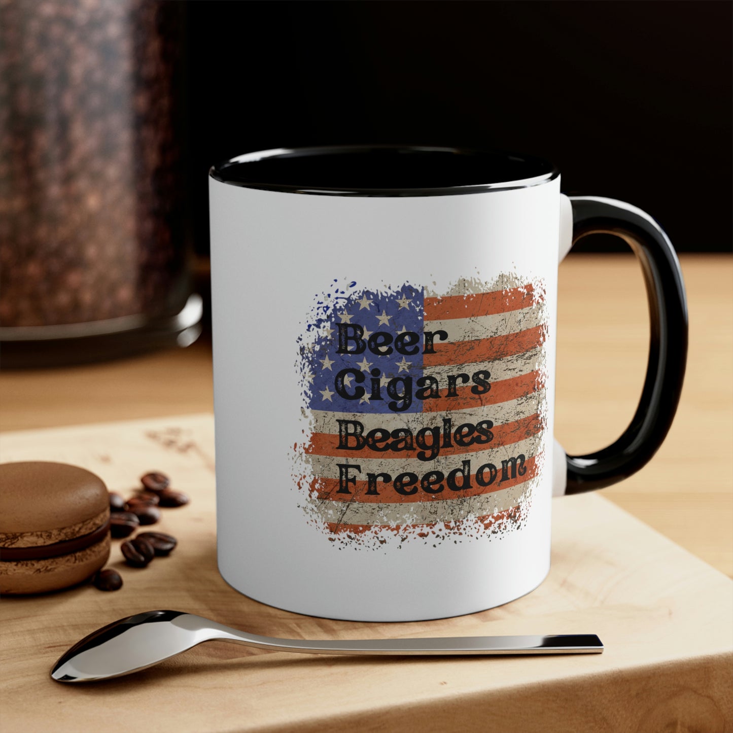 Patriotic Rustic USA Flag Beer Cigars Beagles 2 tone Mug