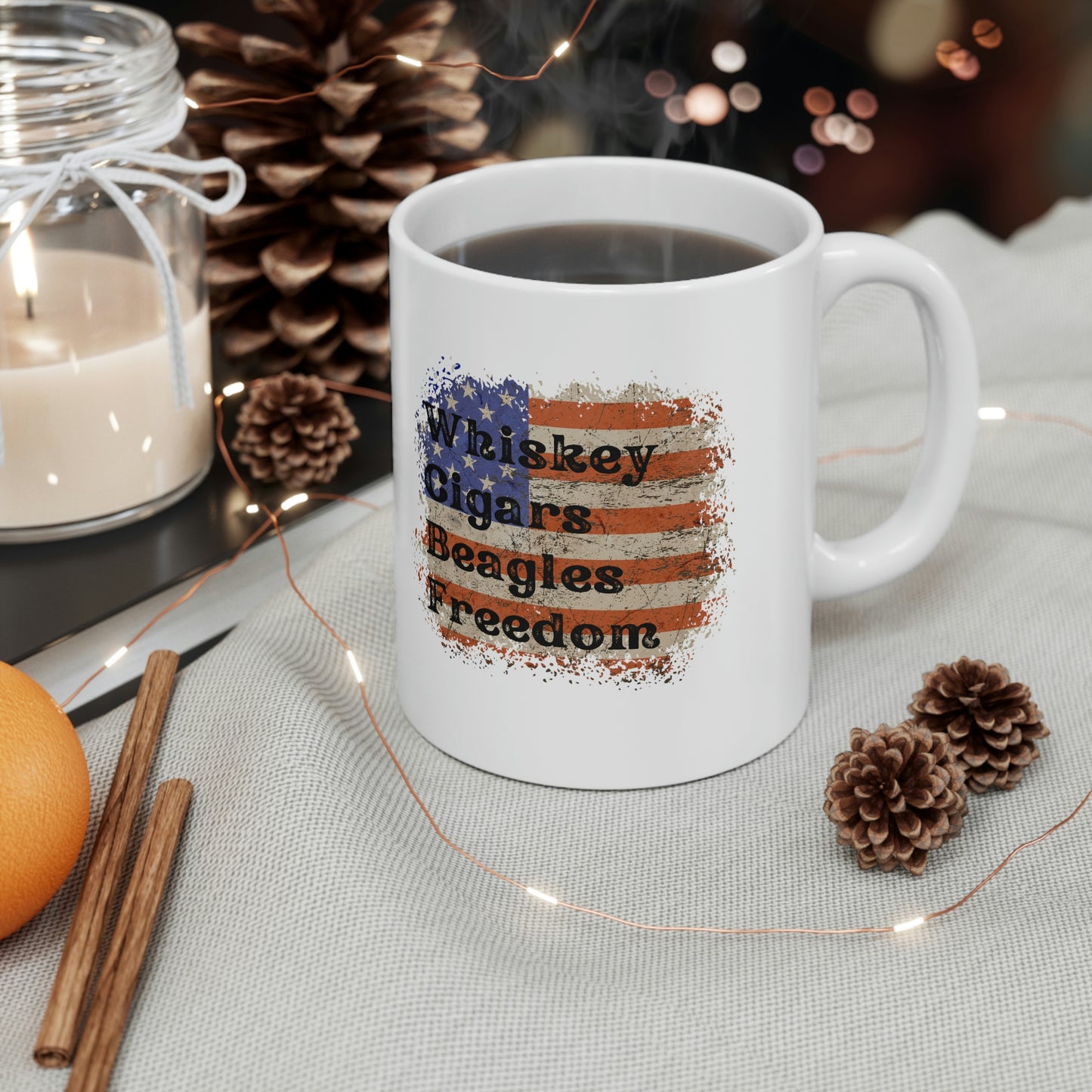 Patriotic Rustic USA Flag Whiskey Cigars Beagles Mug