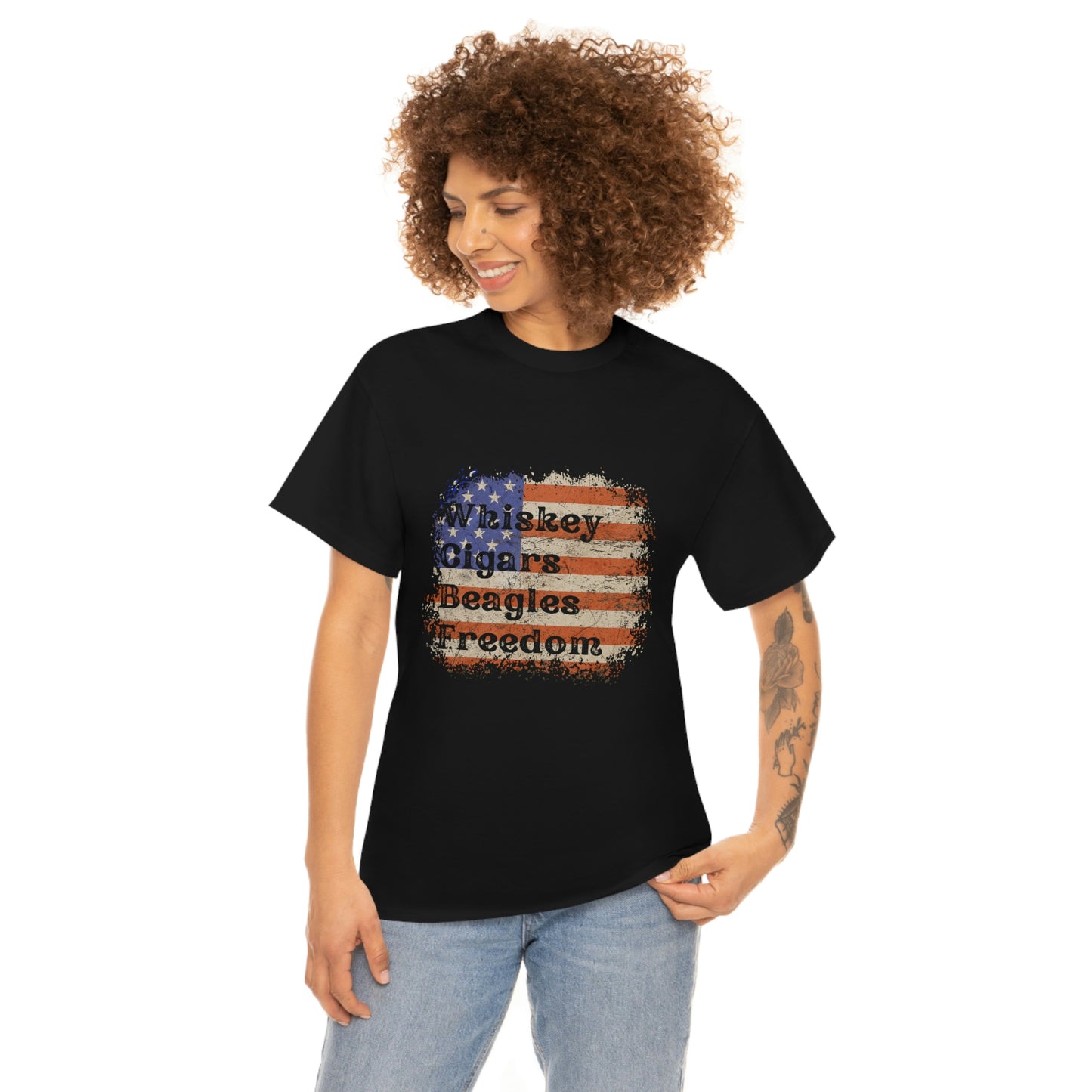 Patriotic Rustic USA Flag Whiskey Cigars Beagles T-Shirt