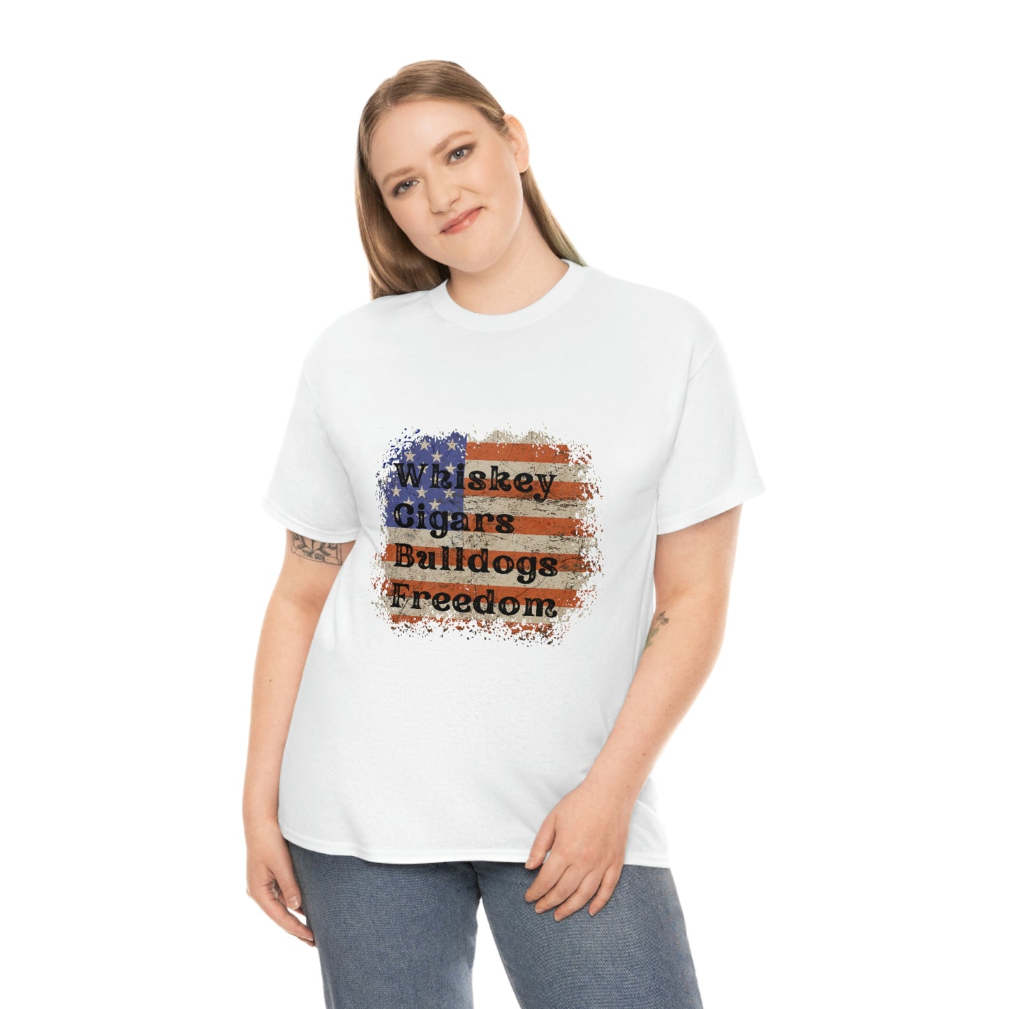 Patriotic Rustic USA Flag Whiskey Cigars Bulldogs T-Shirt