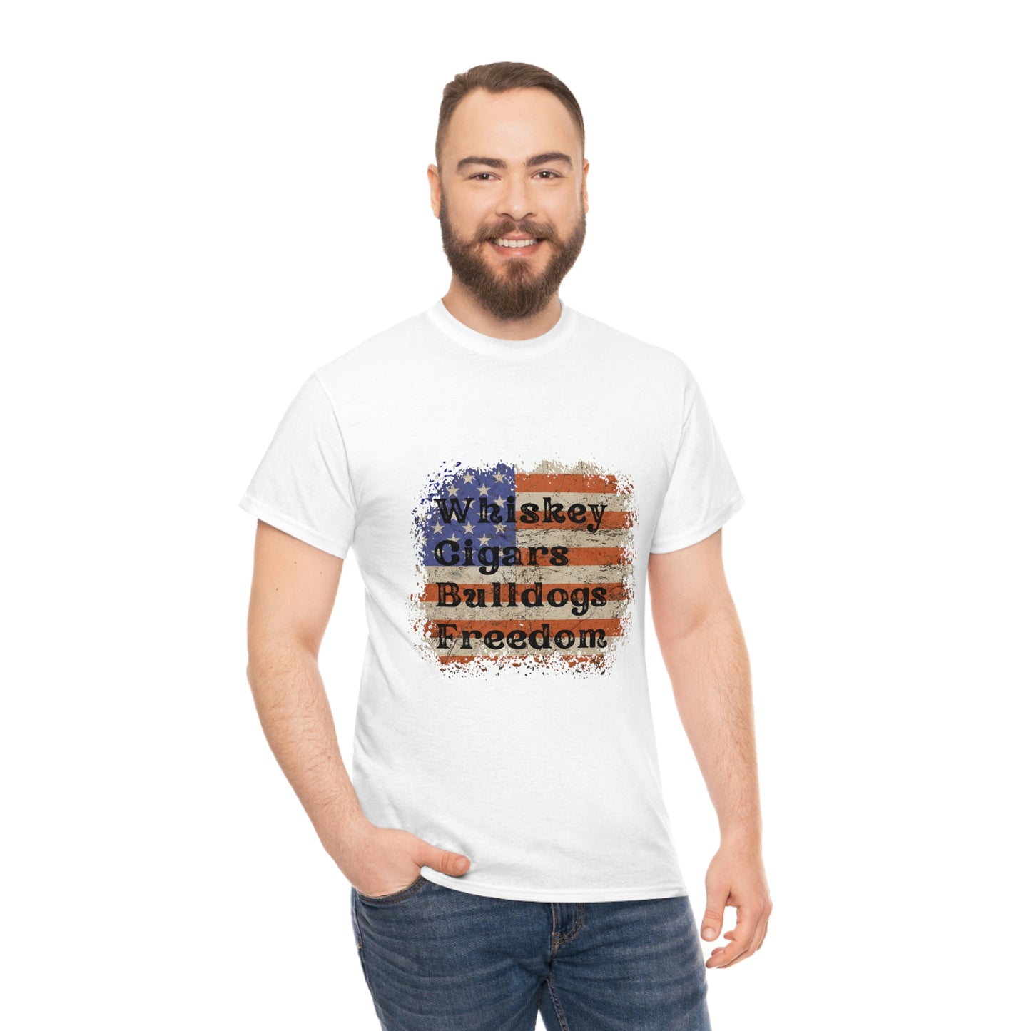 Patriotic Rustic USA Flag Whiskey Cigars Bulldogs T-Shirt