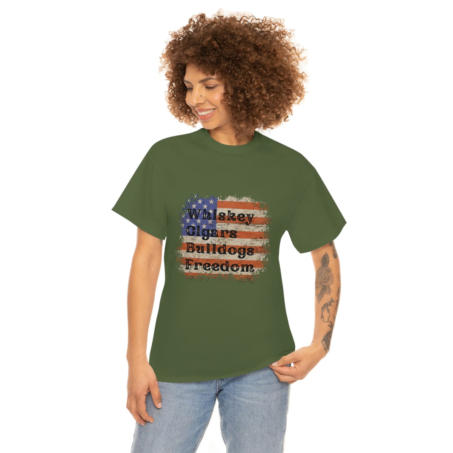 Patriotic Rustic USA Flag Whiskey Cigars Bulldogs T-Shirt