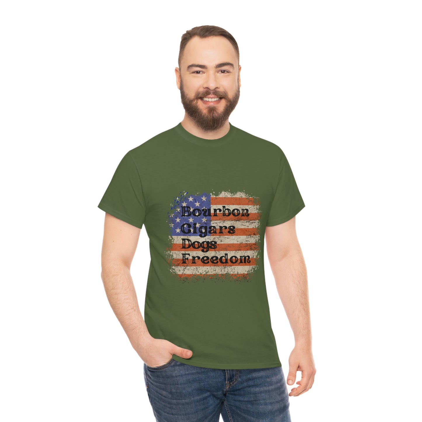 Patriotic Rustic USA Flag Bourbon Cigars Dogs T-Shirt