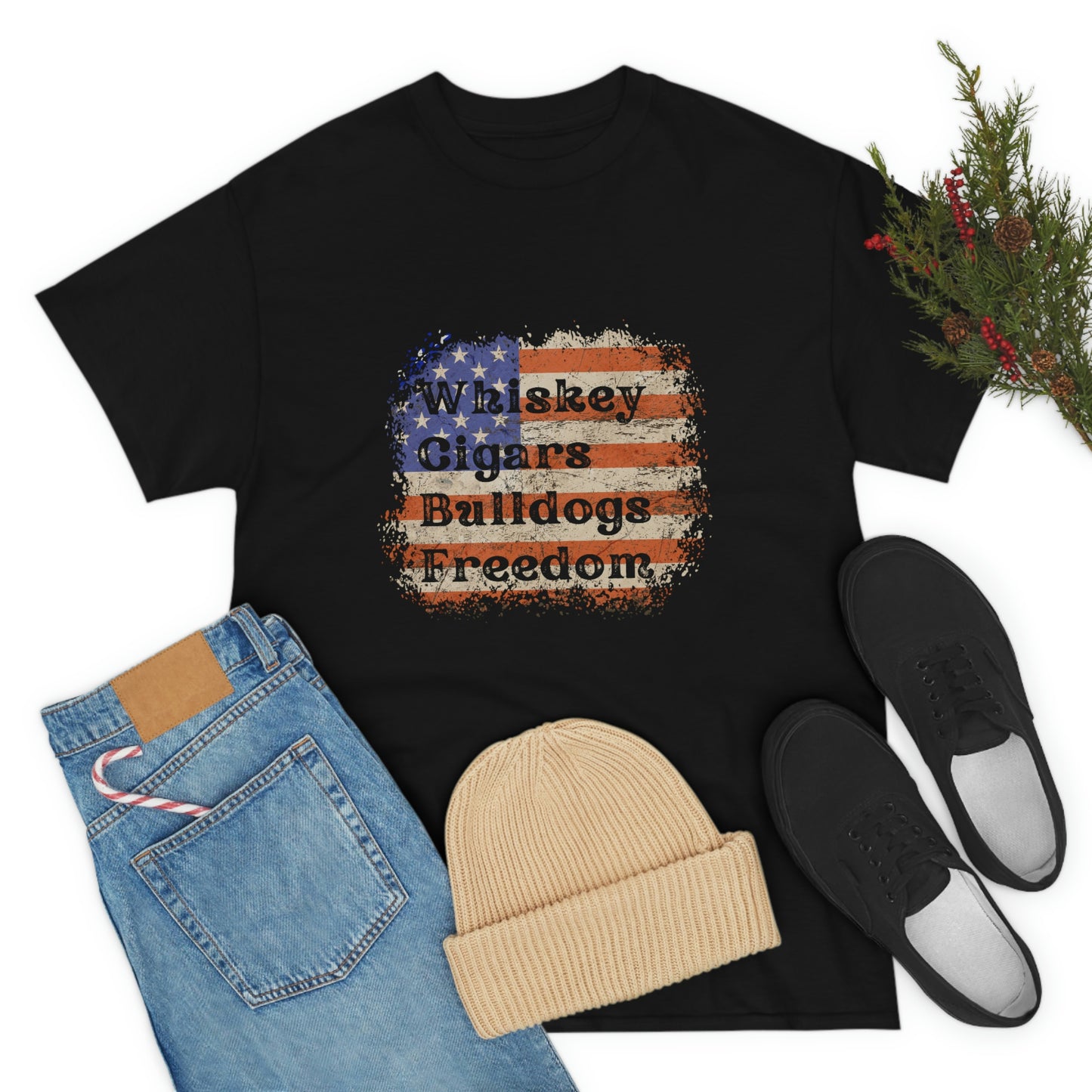 Patriotic Rustic USA Flag Whiskey Cigars Bulldogs T-Shirt