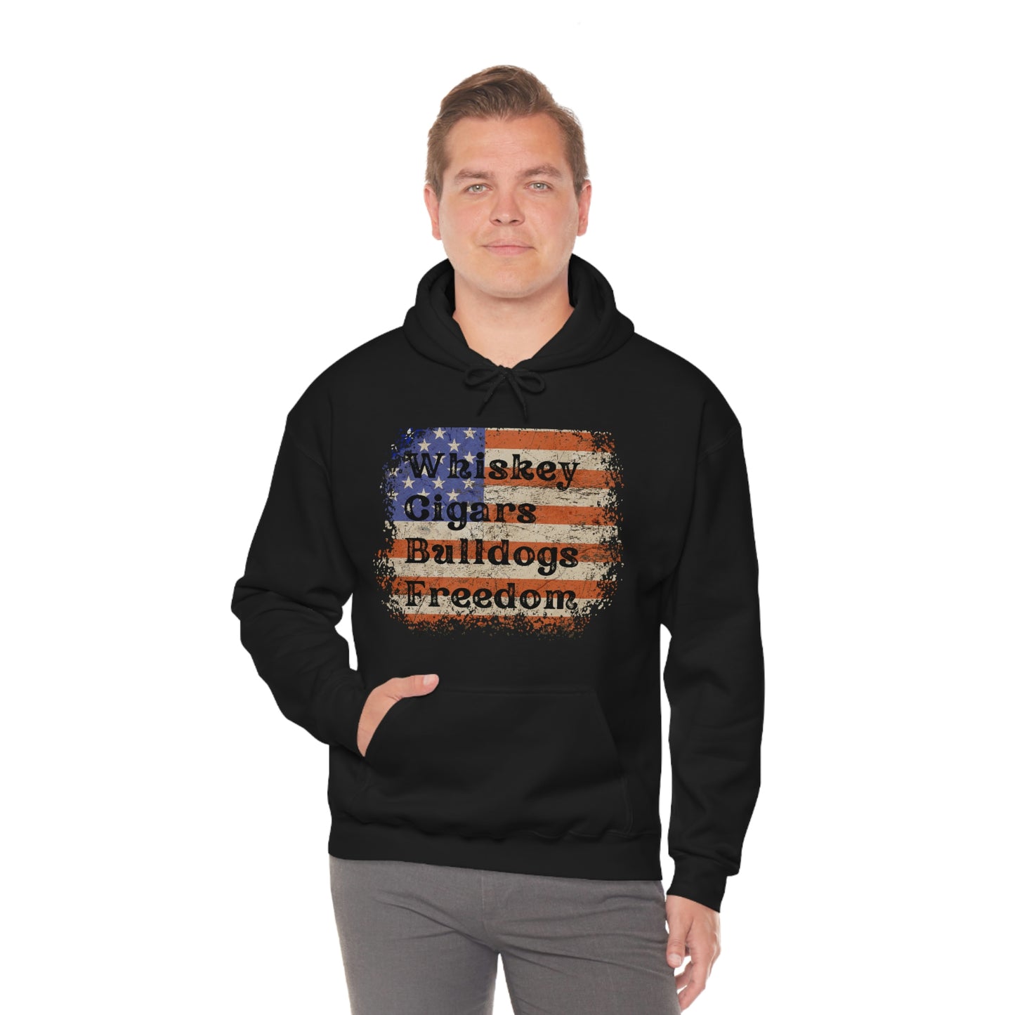 Patriotic Rustic USA Flag Whiskey Cigars Bulldogs Hoodie