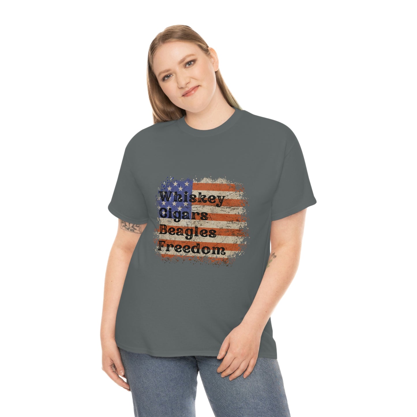 Patriotic Rustic USA Flag Whiskey Cigars Beagles T-Shirt