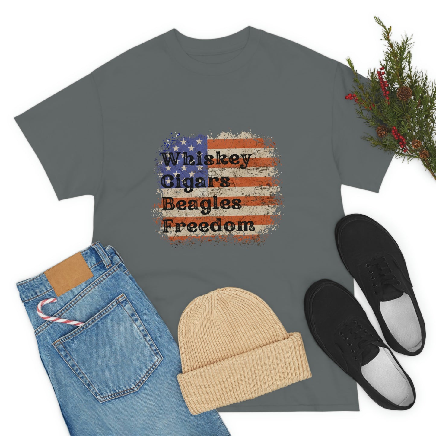 Patriotic Rustic USA Flag Whiskey Cigars Beagles T-Shirt