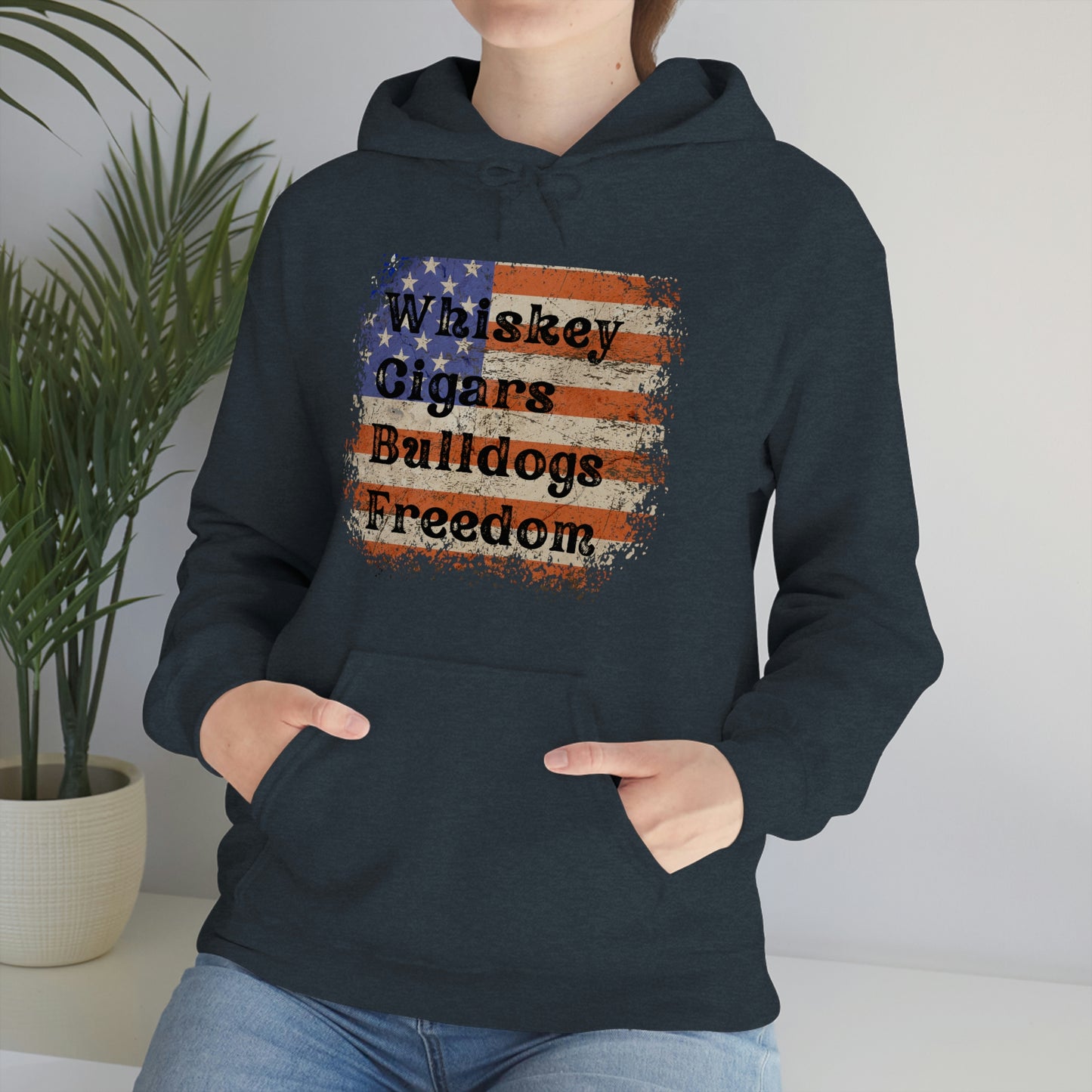 Patriotic Rustic USA Flag Whiskey Cigars Bulldogs Hoodie