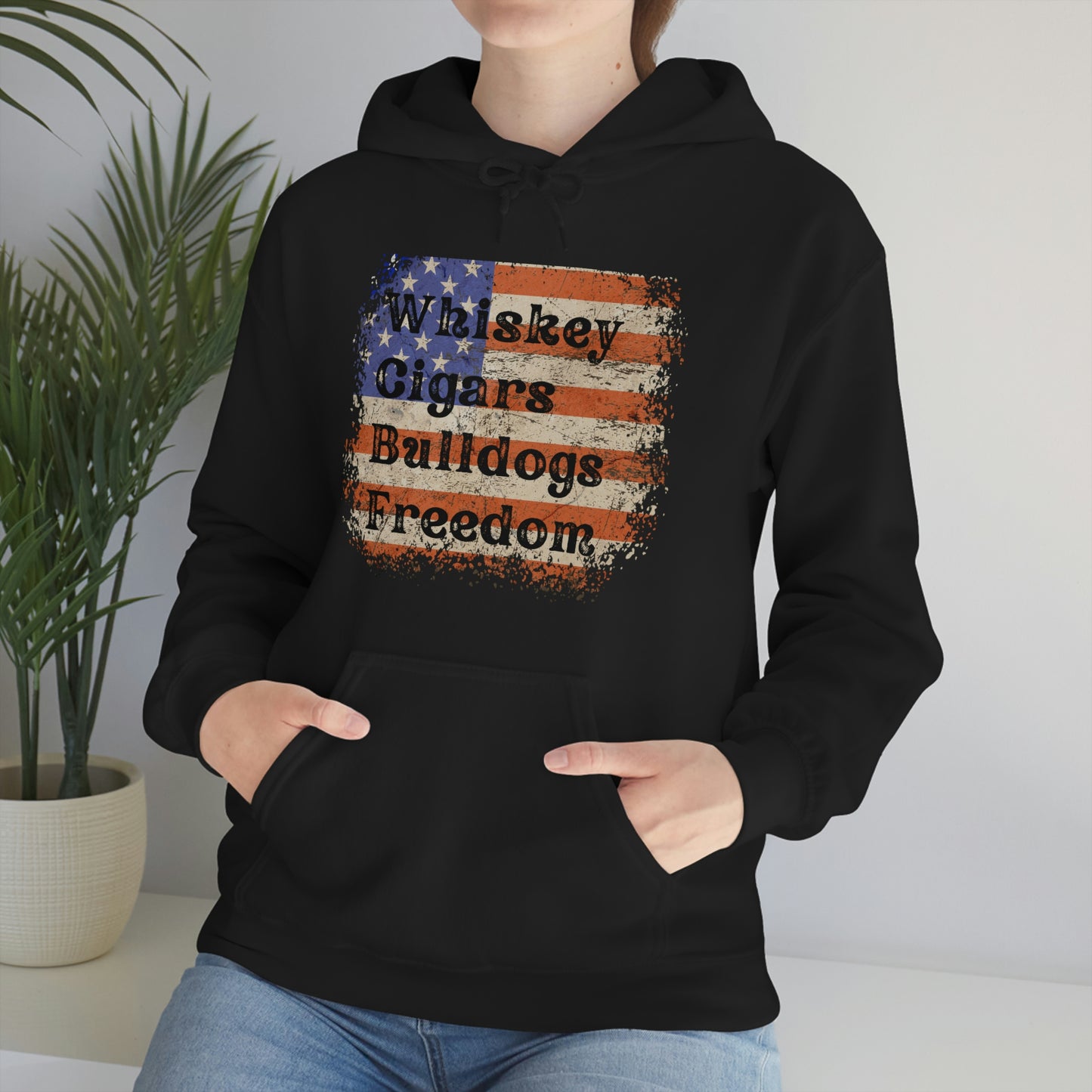 Patriotic Rustic USA Flag Whiskey Cigars Bulldogs Hoodie