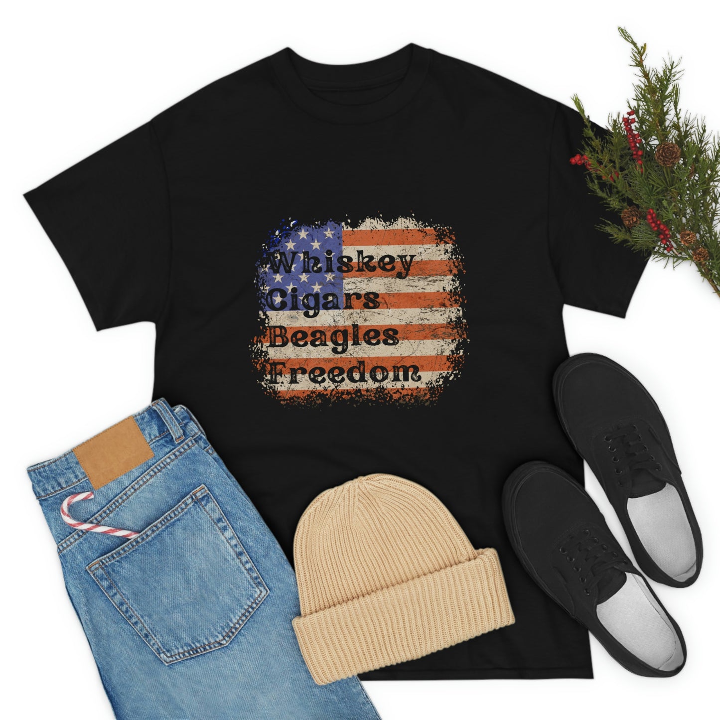 Patriotic Rustic USA Flag Whiskey Cigars Beagles T-Shirt