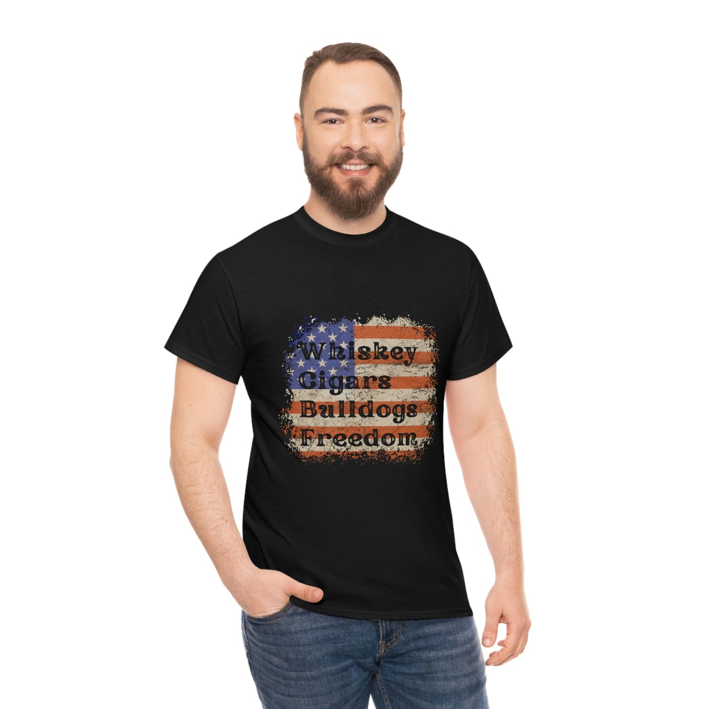 Patriotic Rustic USA Flag Whiskey Cigars Bulldogs T-Shirt